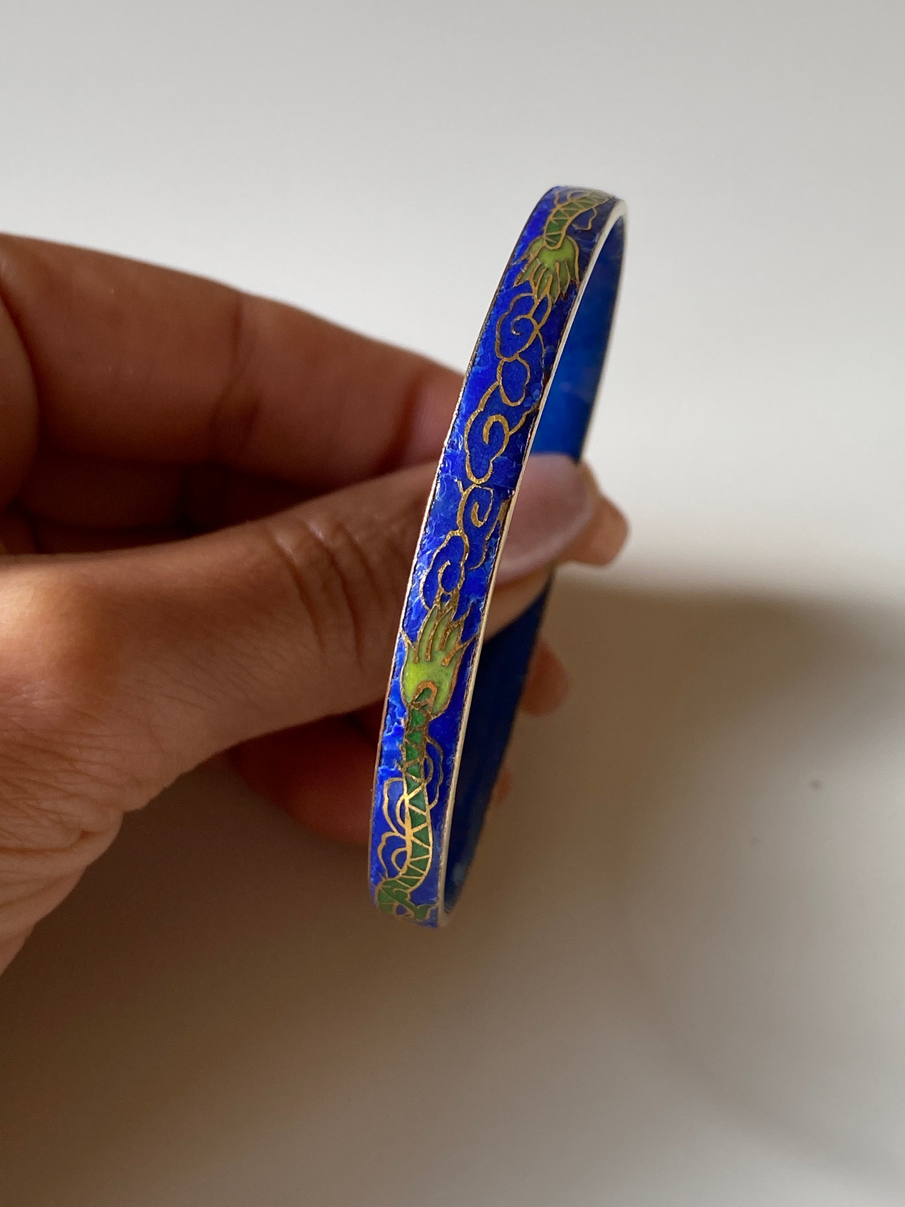 Vintage Blue Cloisonné Enamel Bangle Bracelet Gold Tone Floral Asian Style