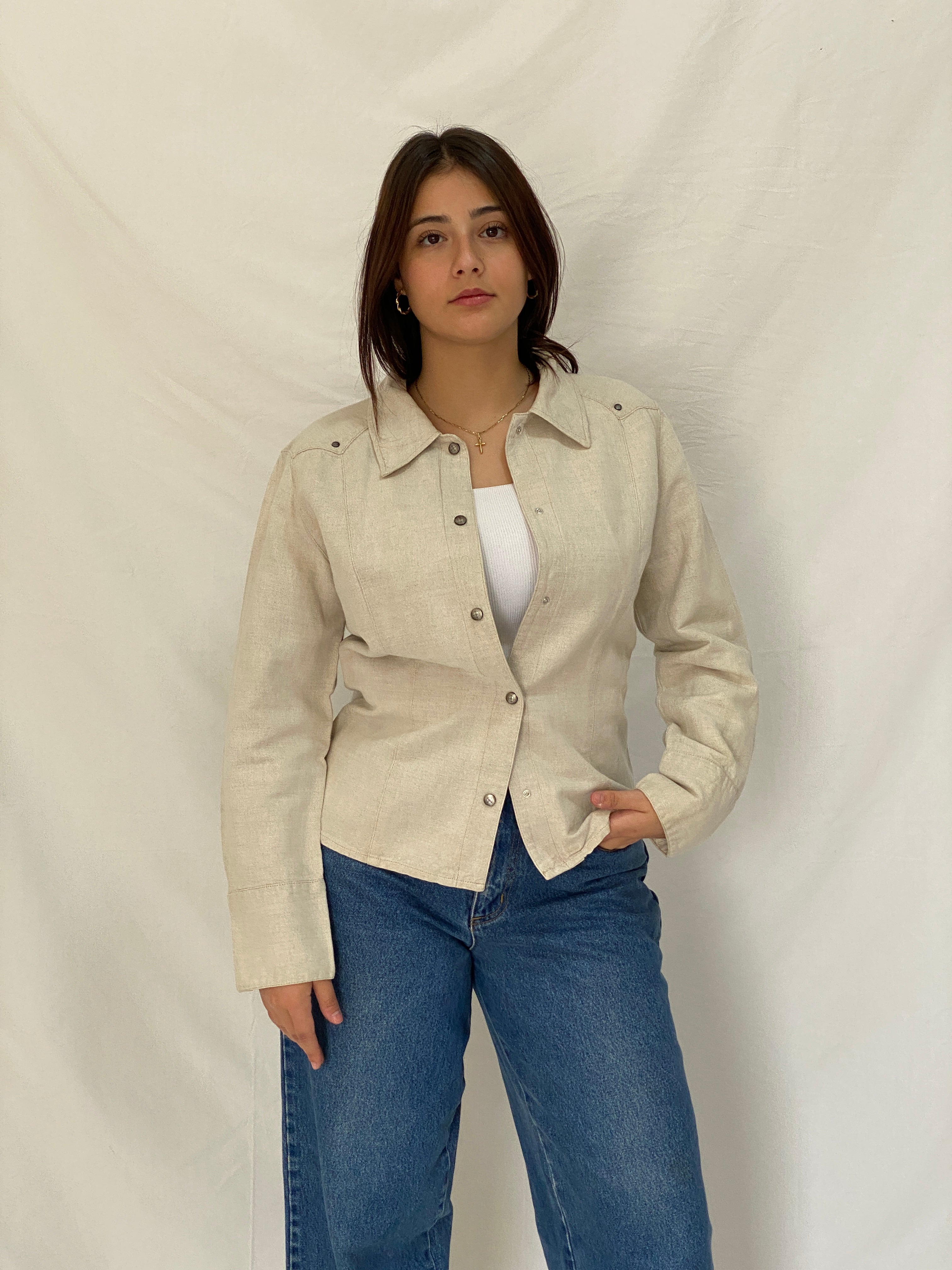 Vintage Y2K Zaffiri Beige Linen Blend Lace-Up Back Western Shirt - L