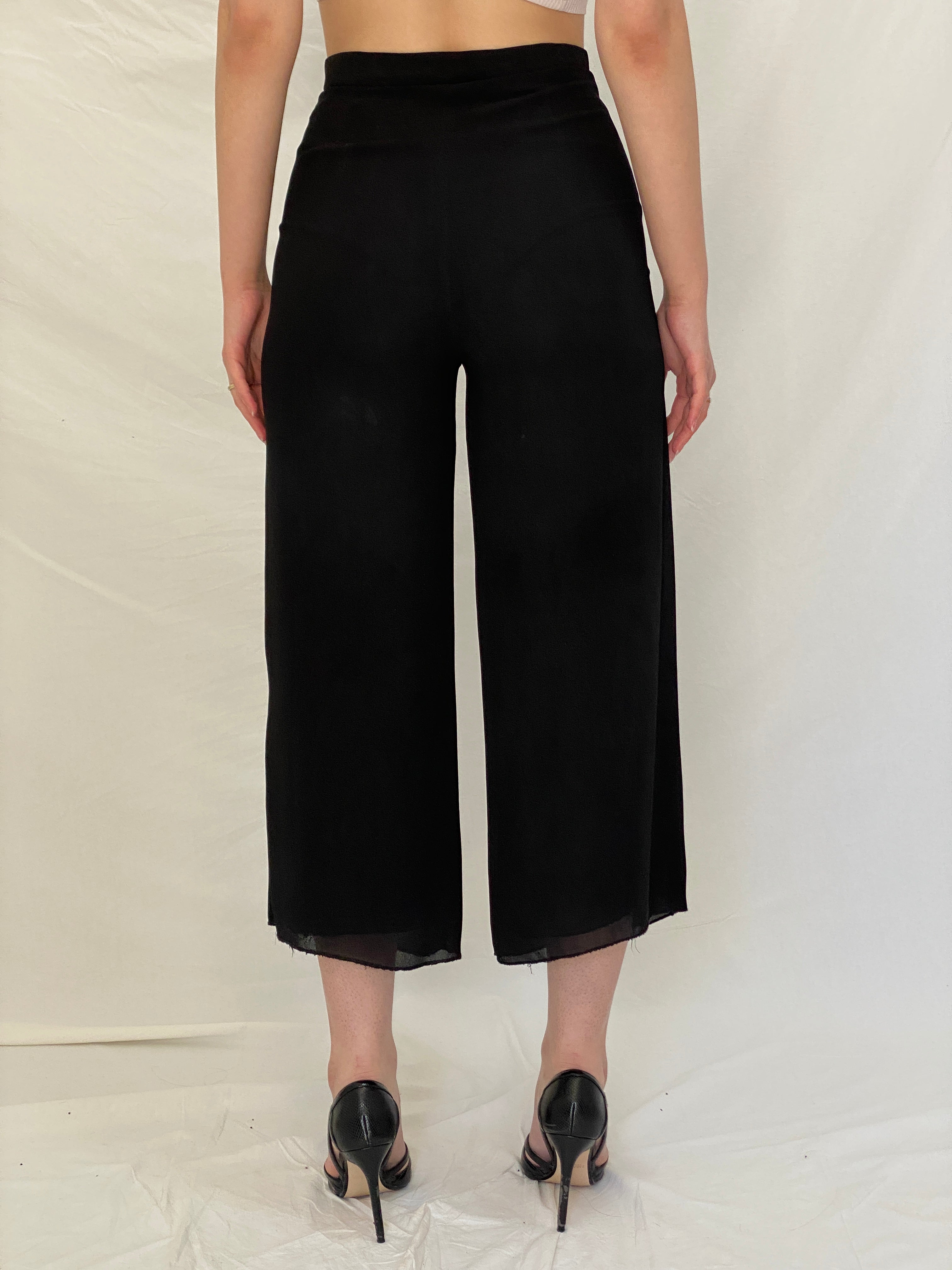 Vintage Black Embroidered Cropped Wide-Leg Floral Motif Pants - M