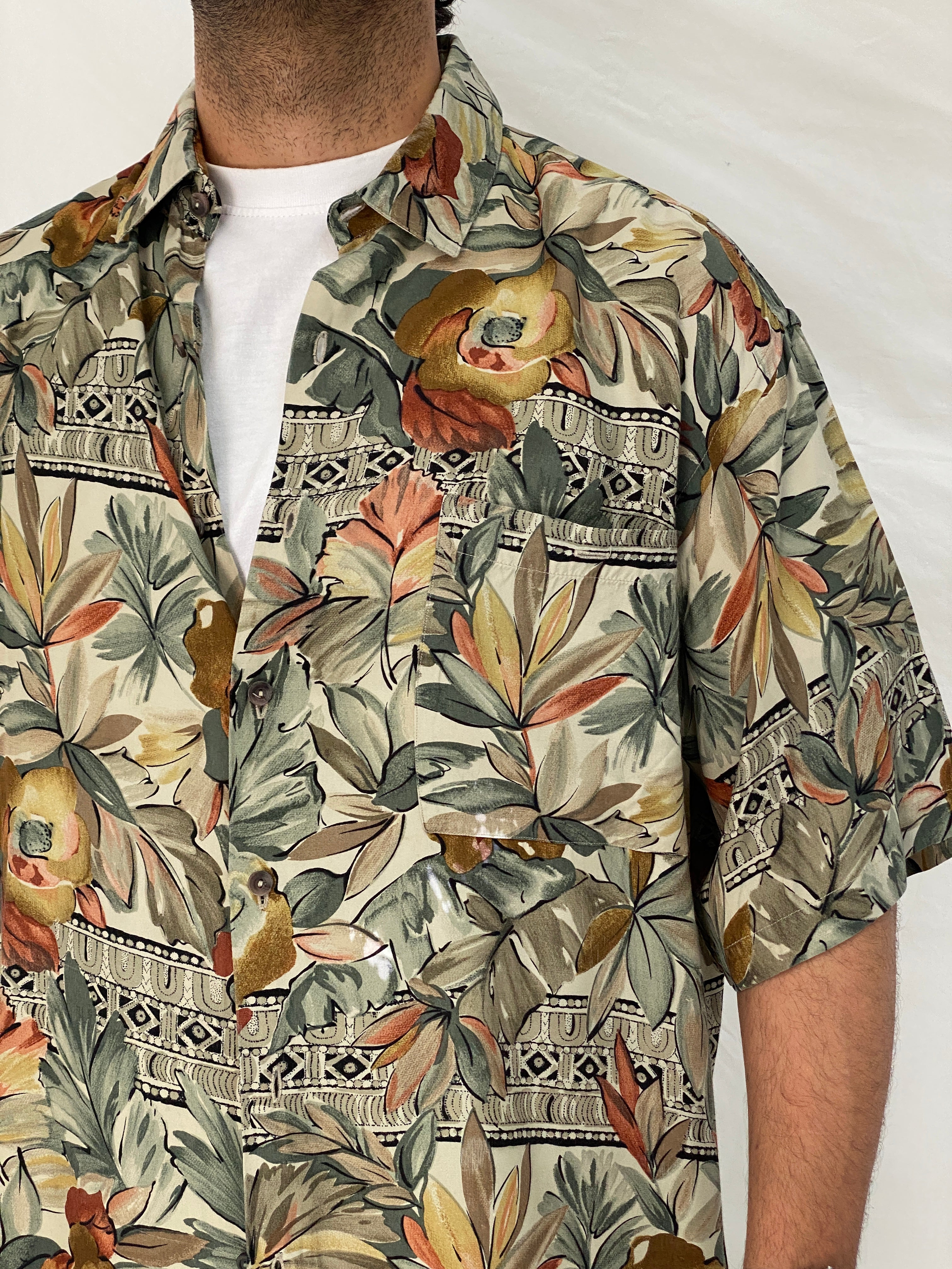 Vintage Burma Bibas Earth Tone Tropical Rayon Shirt – L