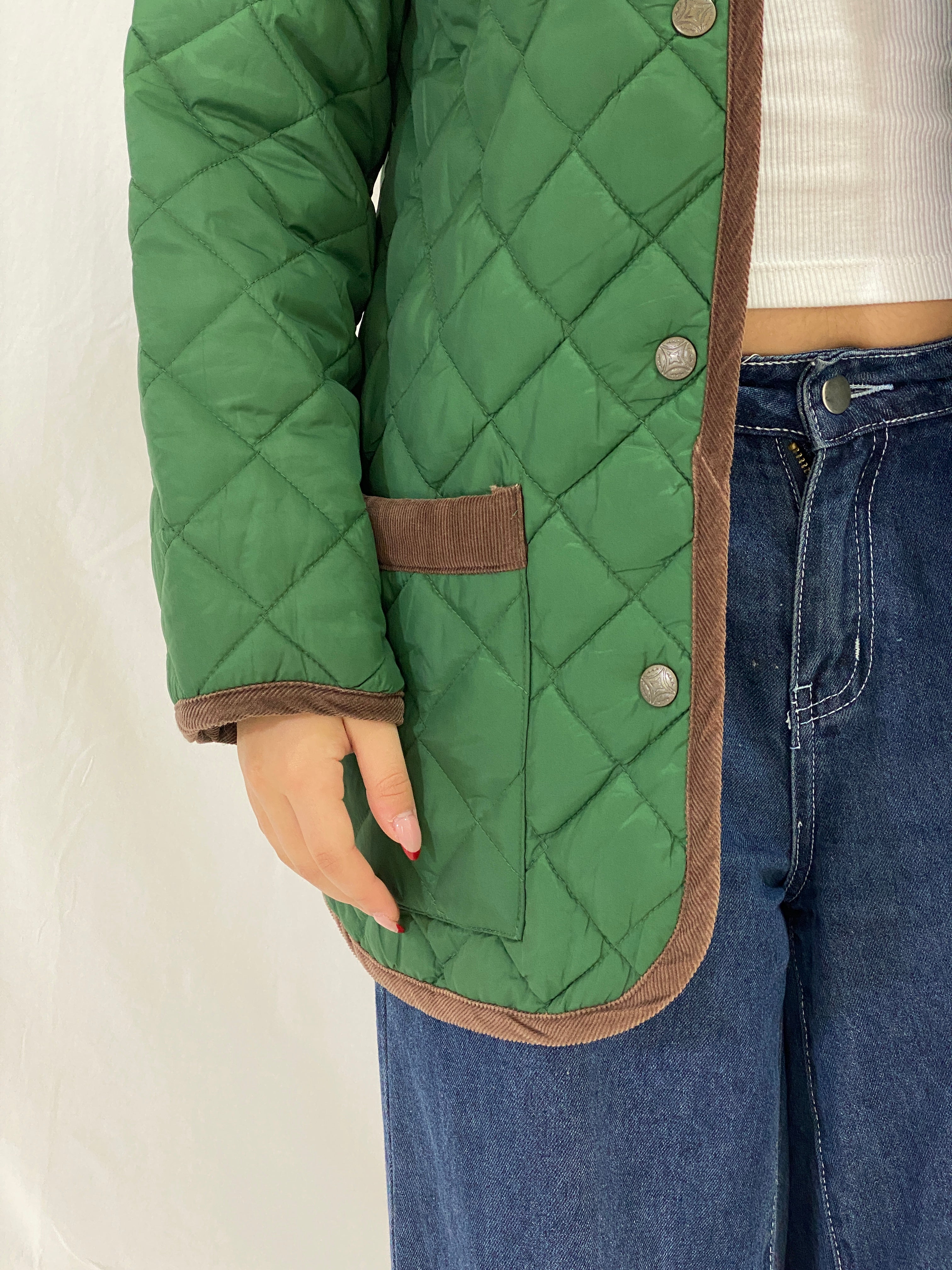 Vintage Green Quilted Nylon Jacket with Brown Corduroy Trim – S
