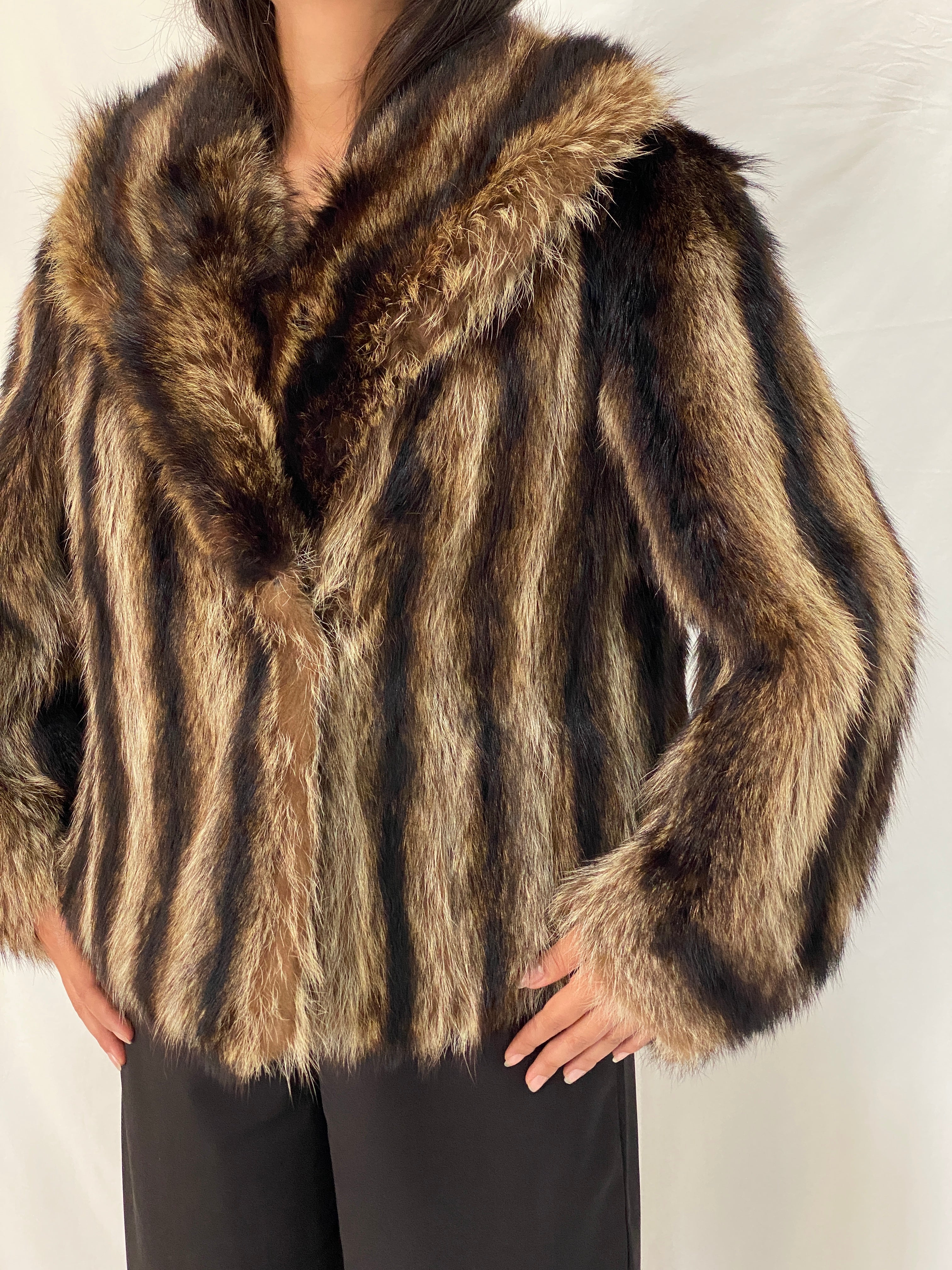 Vintage Striped Brown & Black Real Fur Coat - 70s Glam Winter Statement Jacket - M/L