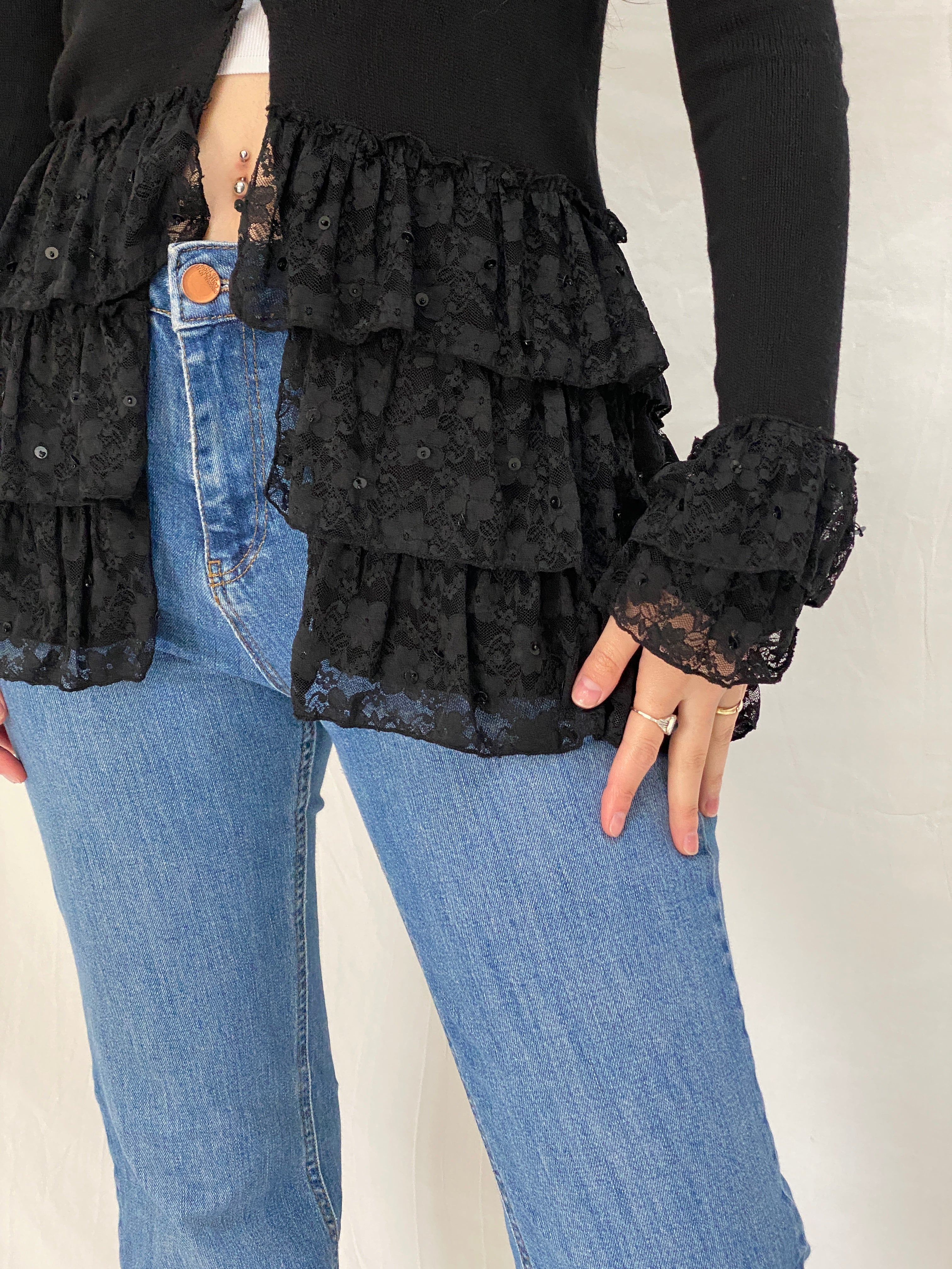Vintage Storybook Knits Black Ruffle Lace Grunge Whimsigoth Knit Layer Cardigan - S