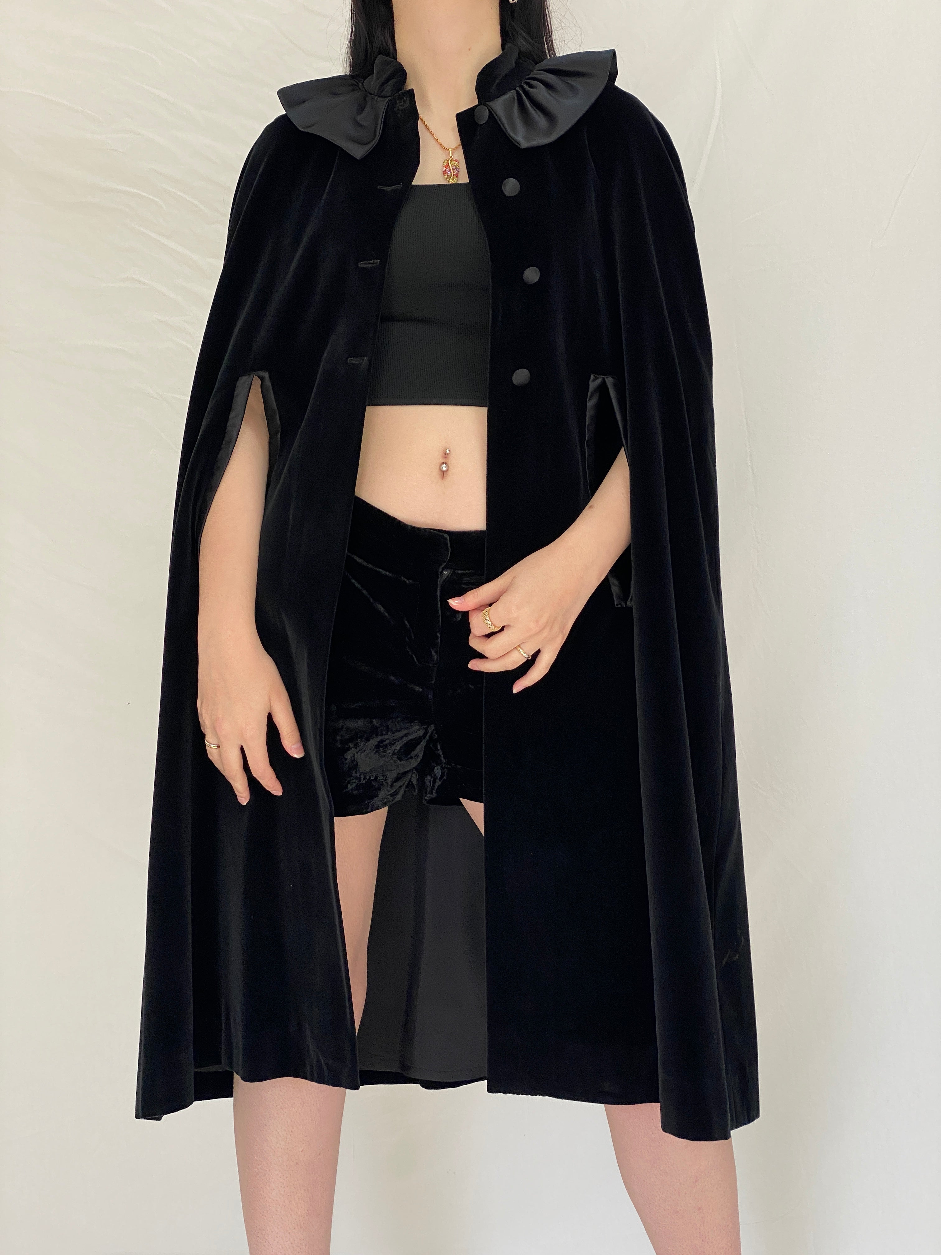 Vintage Black Velvet Cape with Satin Statement Collar - Gothic Elegance Evening Outerwear