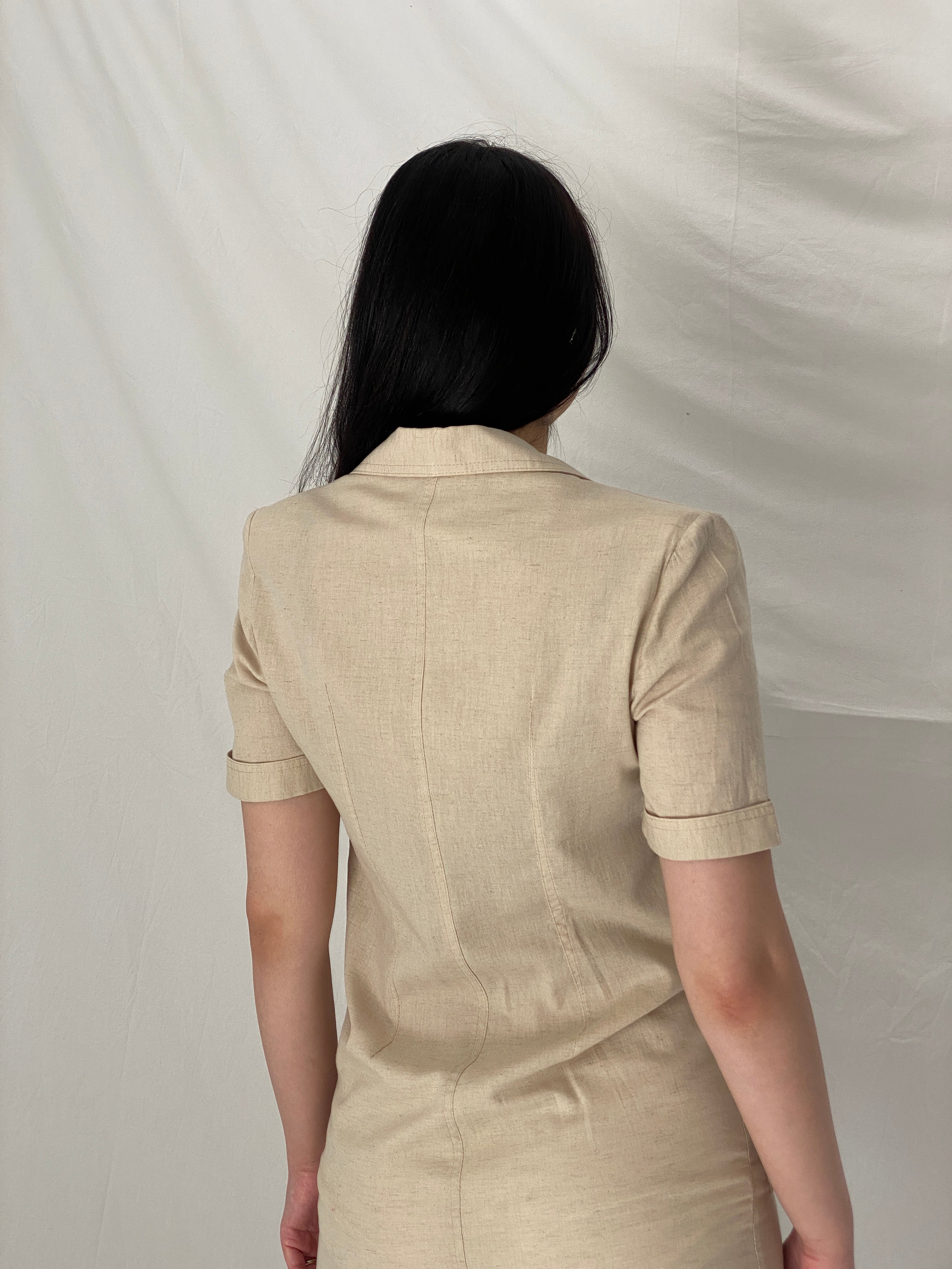 Vintage SISAN Couture Beige Safari-Style Linen Blend Belted Dress - S