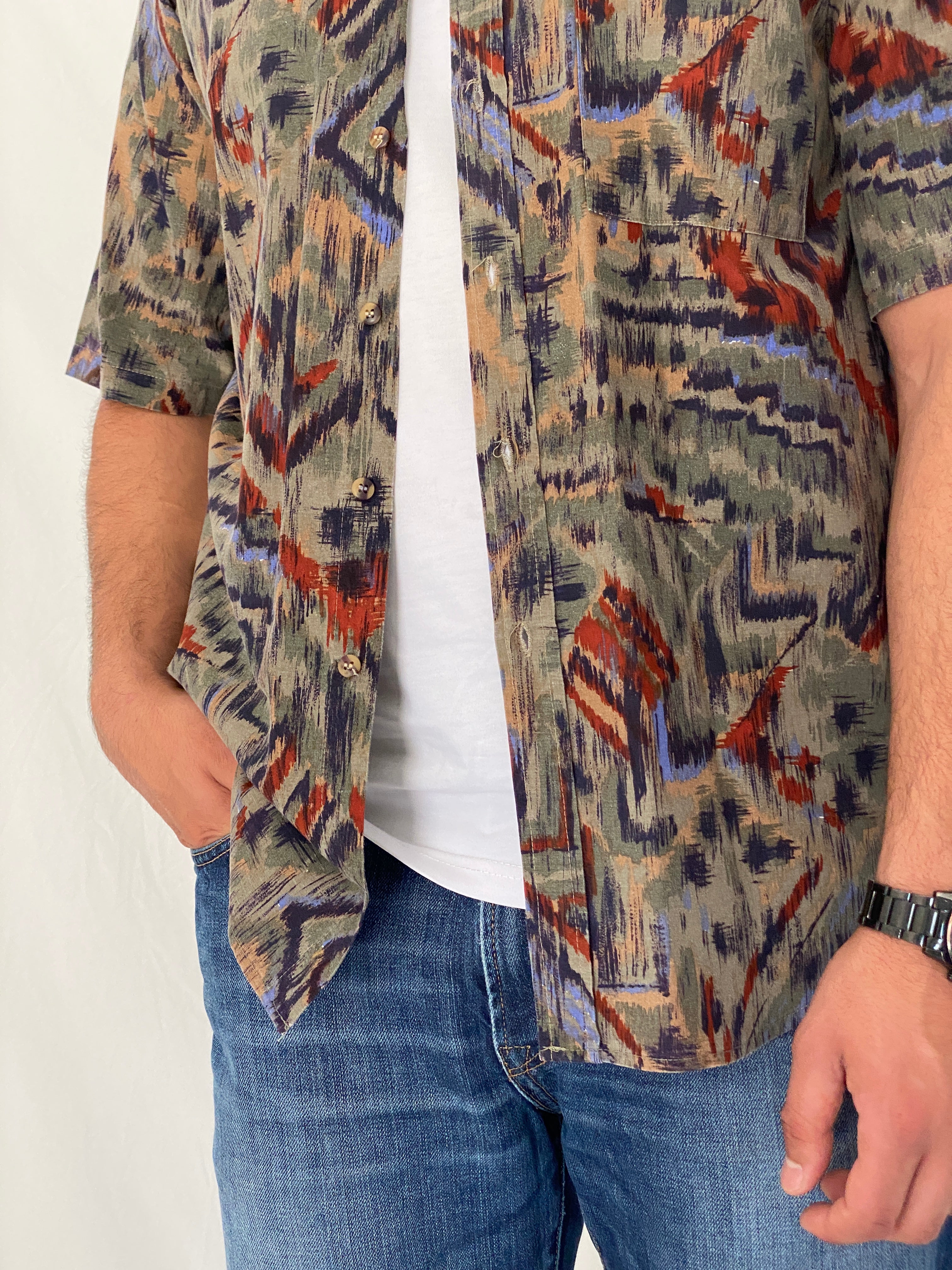 Vintage Bachrach Abstract Short Sleeve Olive Cotton Blend Shirt – L