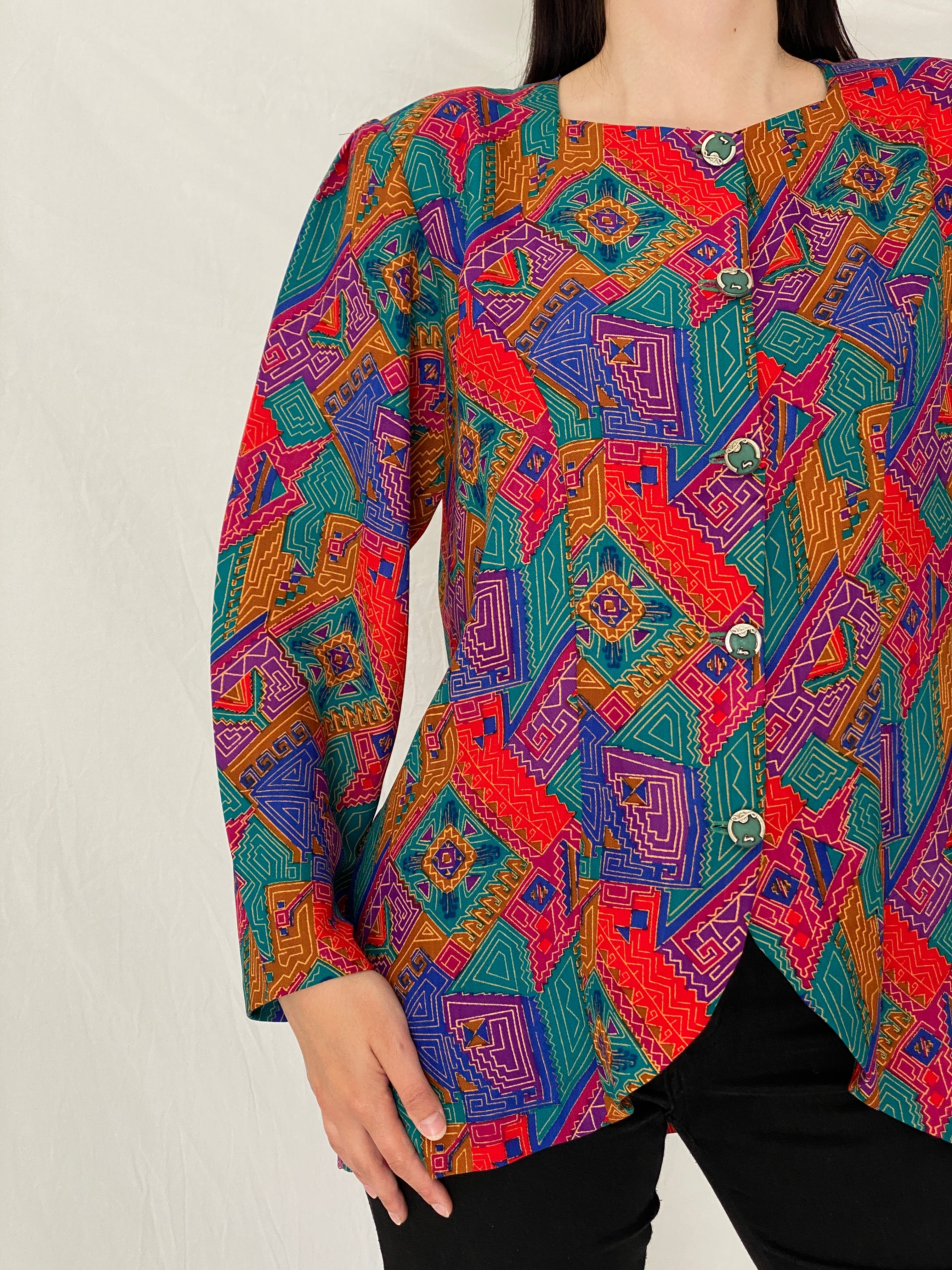 Vintage 90s Handmade Tribal Pop Statement Blazer Multicolor Geometric Art Jacket – L