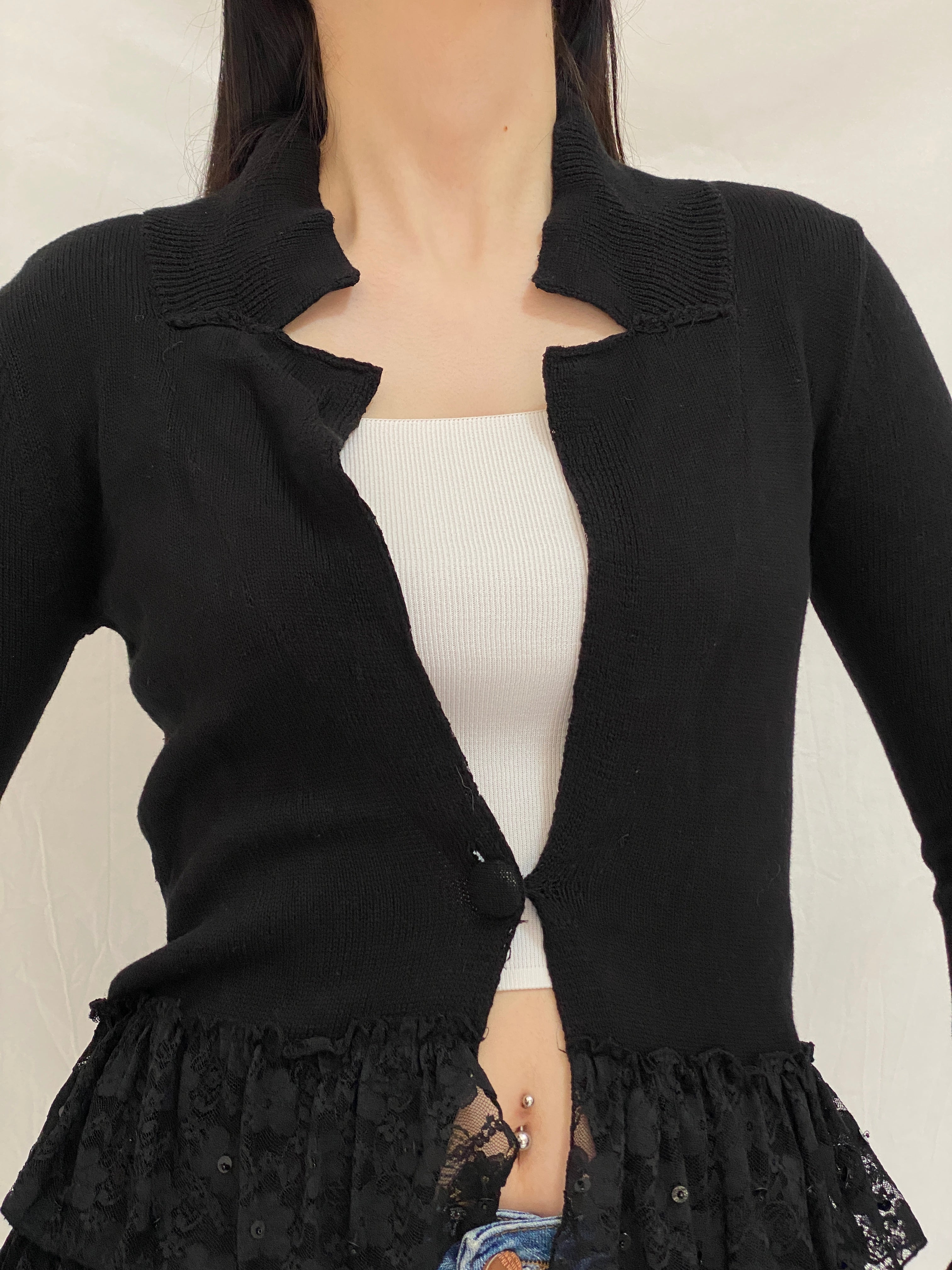Vintage Storybook Knits Black Ruffle Lace Grunge Whimsigoth Knit Layer Cardigan - S