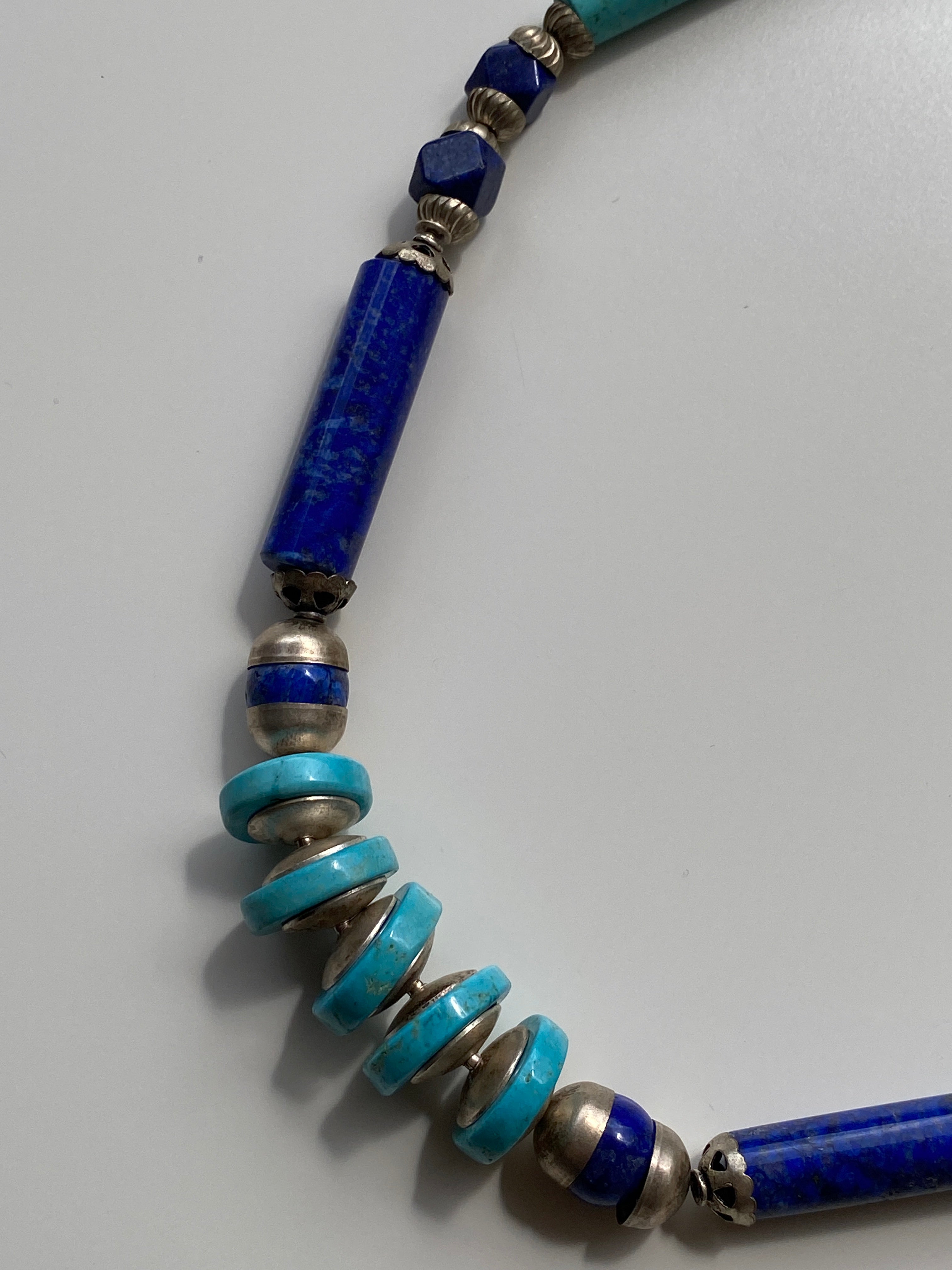 Vintage Lapis Lazuli & Turquoise Stone Beaded Necklace with Silver Spacers