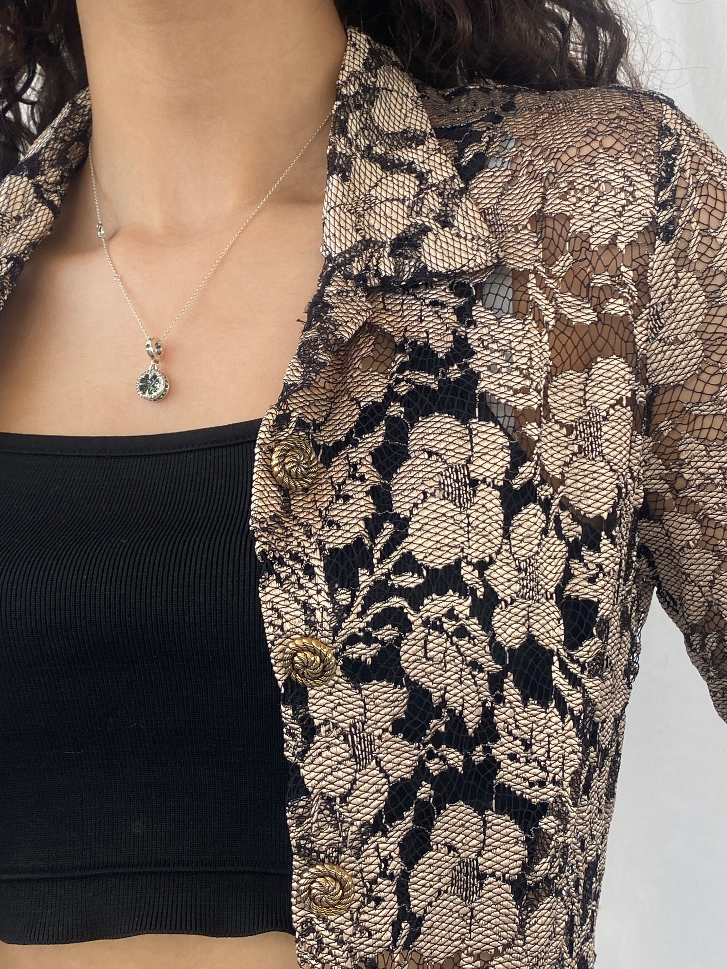 Stunning 90s Wallis Petite Gold Black Lace Long Cardigan - M