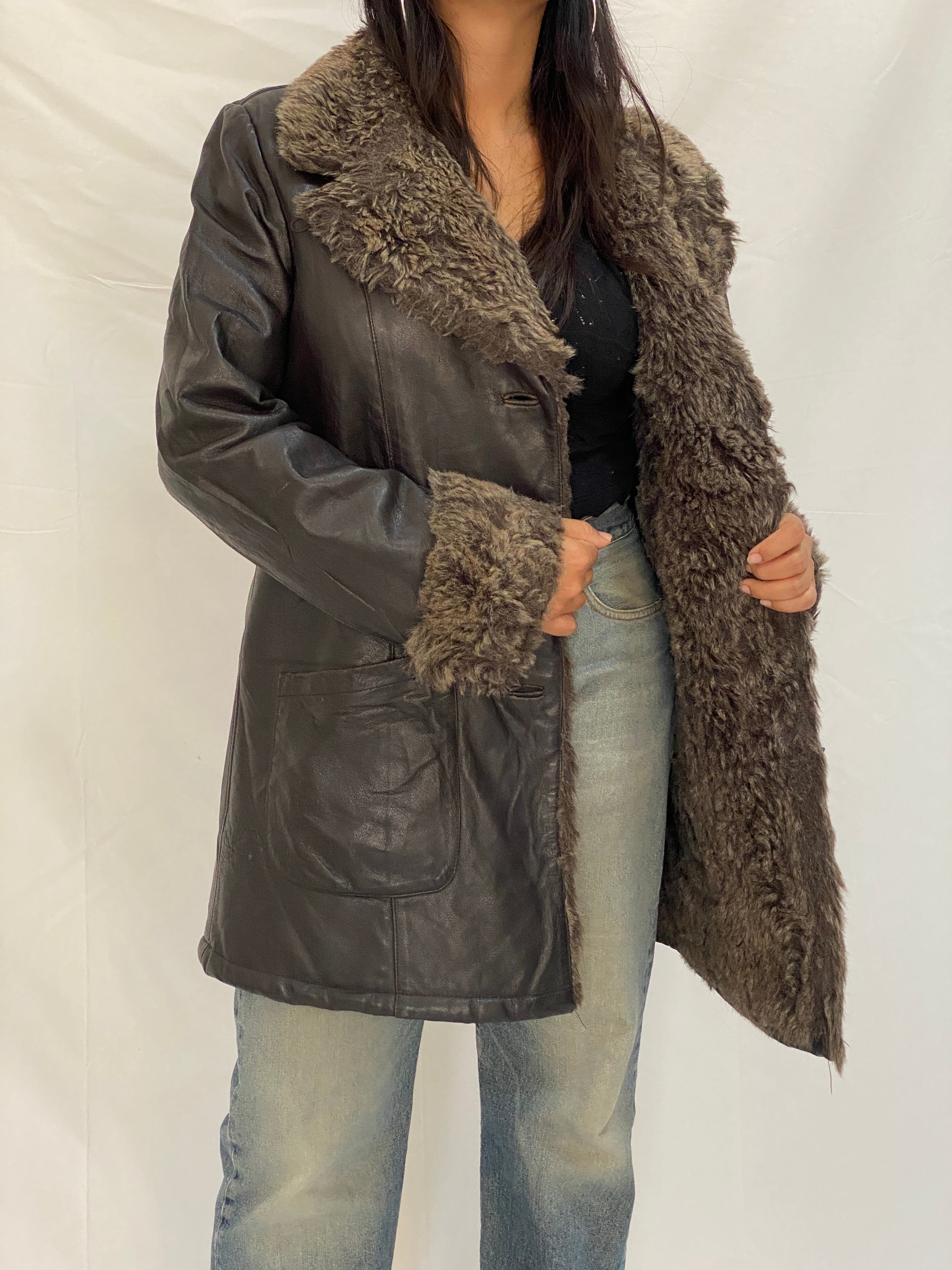 Vintage Genuine Leather Coat with Faux Fur Collar & Cuffs 70s Style Shearling Lined Brown Jacket - XL
