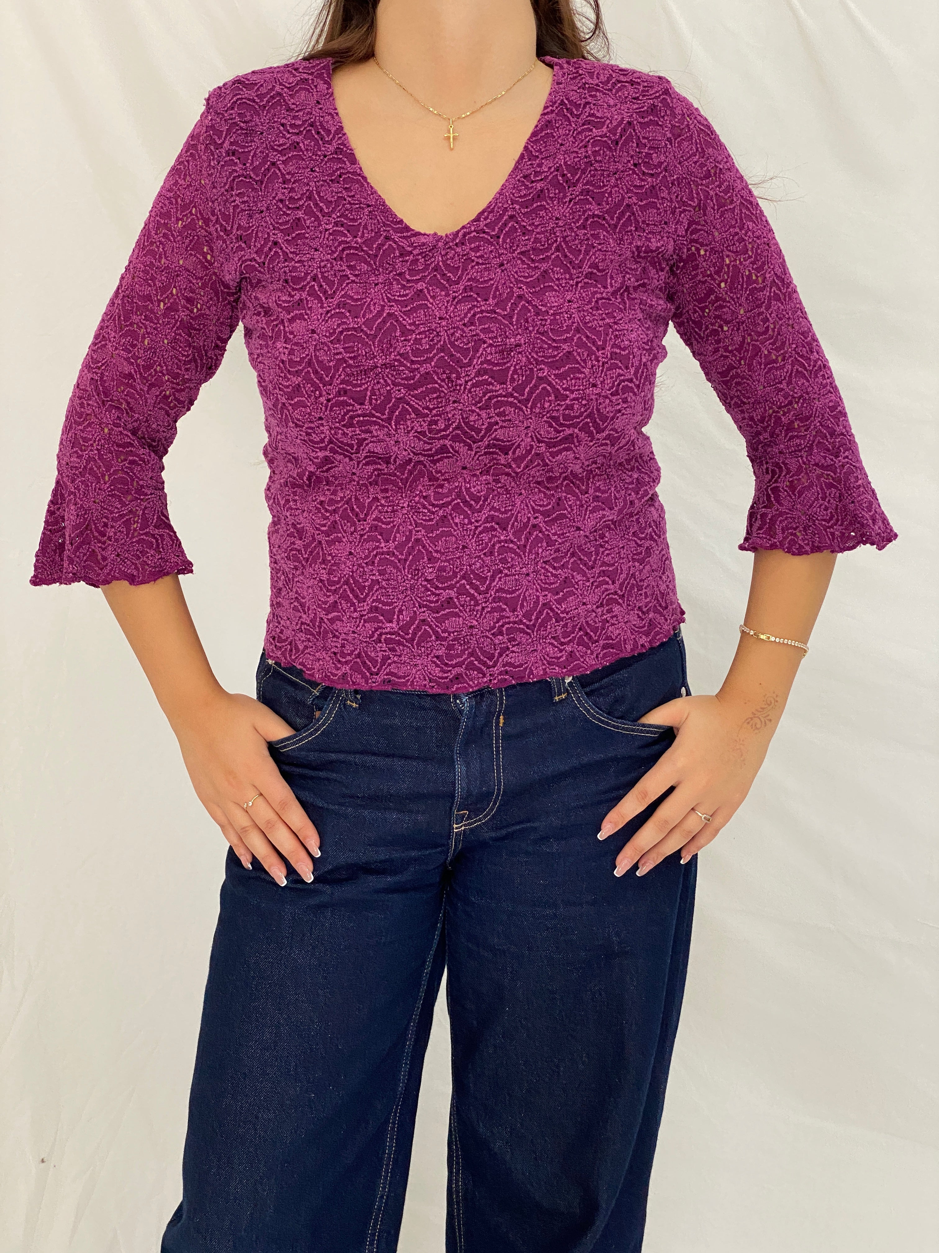 Vintage Y2K Studio 1940 Plum Purple Floral Lace V-Neck Top - L