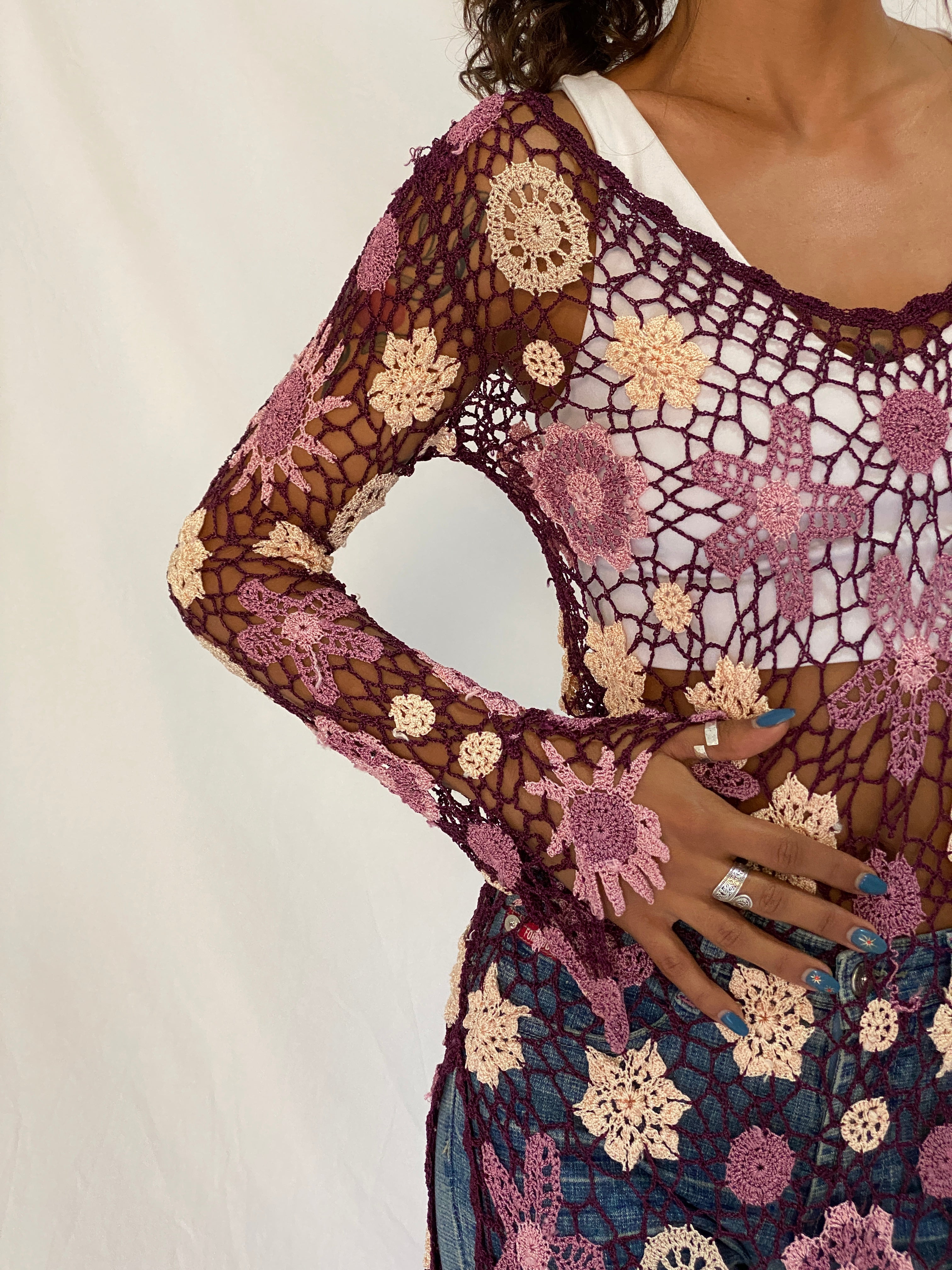 Y2K Floral Crochet Cover-Up Purple & Pink Festival Top – Free Size