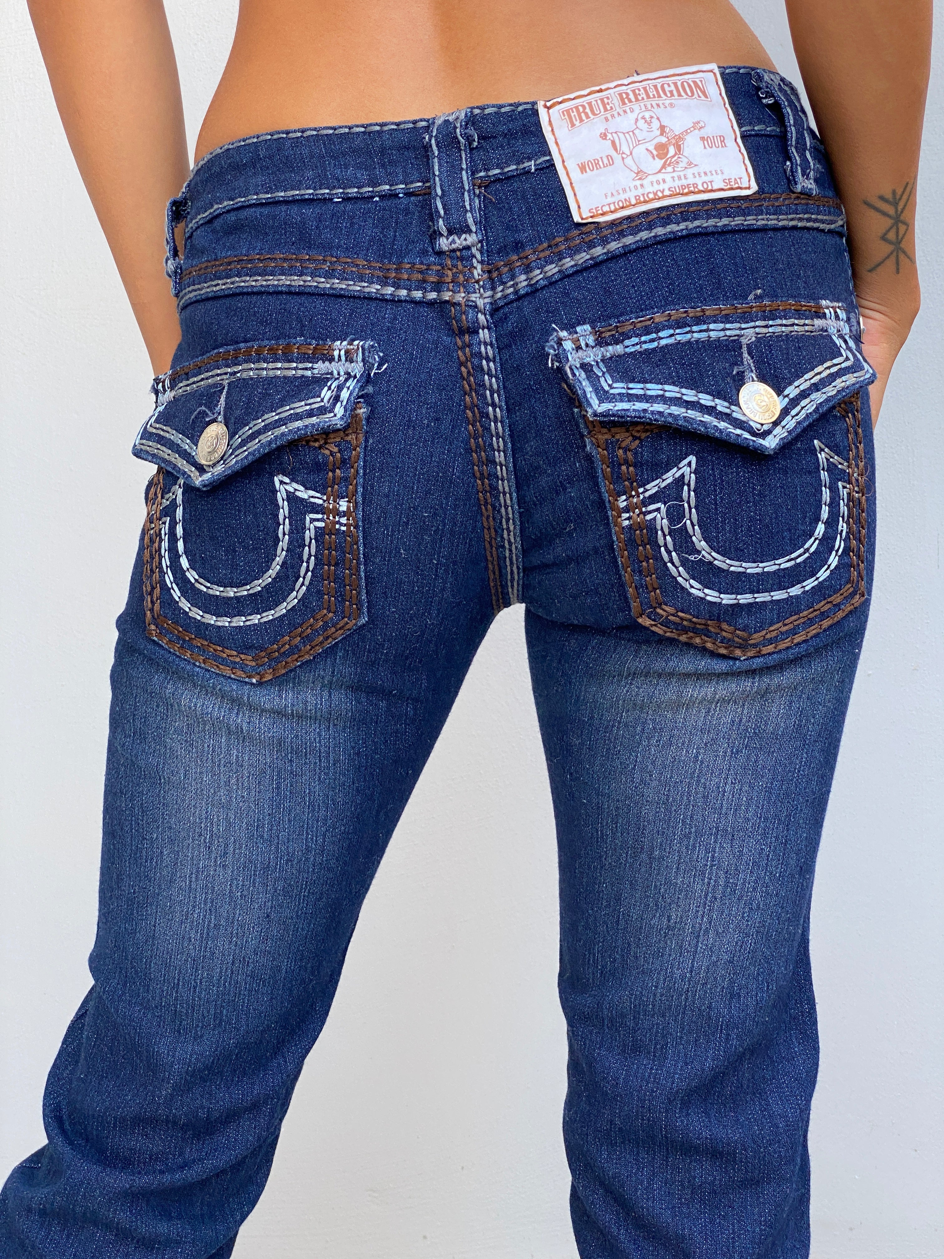 Vintage Y2K True Religion Dark Wash Denim Low Rise Embroidered Bootcut Jeans - S