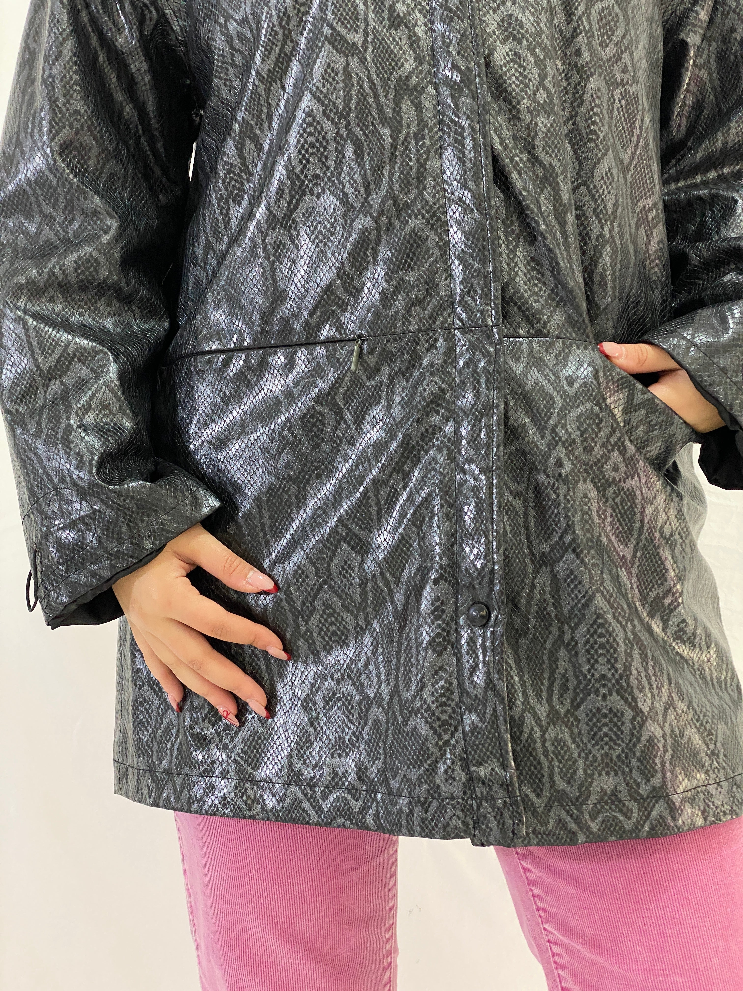 Vintage Lisa Tossa Black Metallic Snake Print Long Raincoat Jacket – M