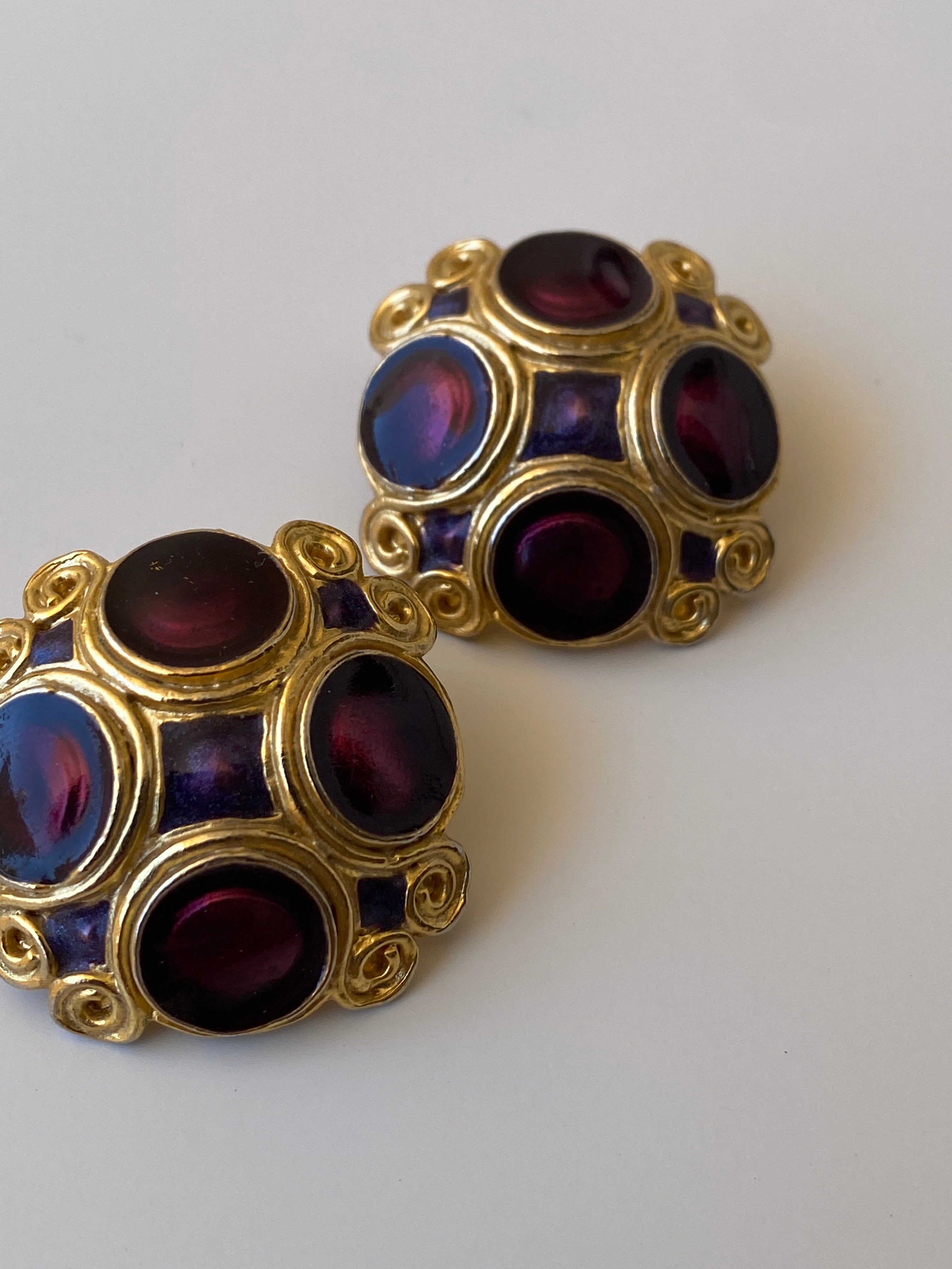 Vintage Jewel Tone Cabochon Stud Gold Tone Purple Statement Earrings