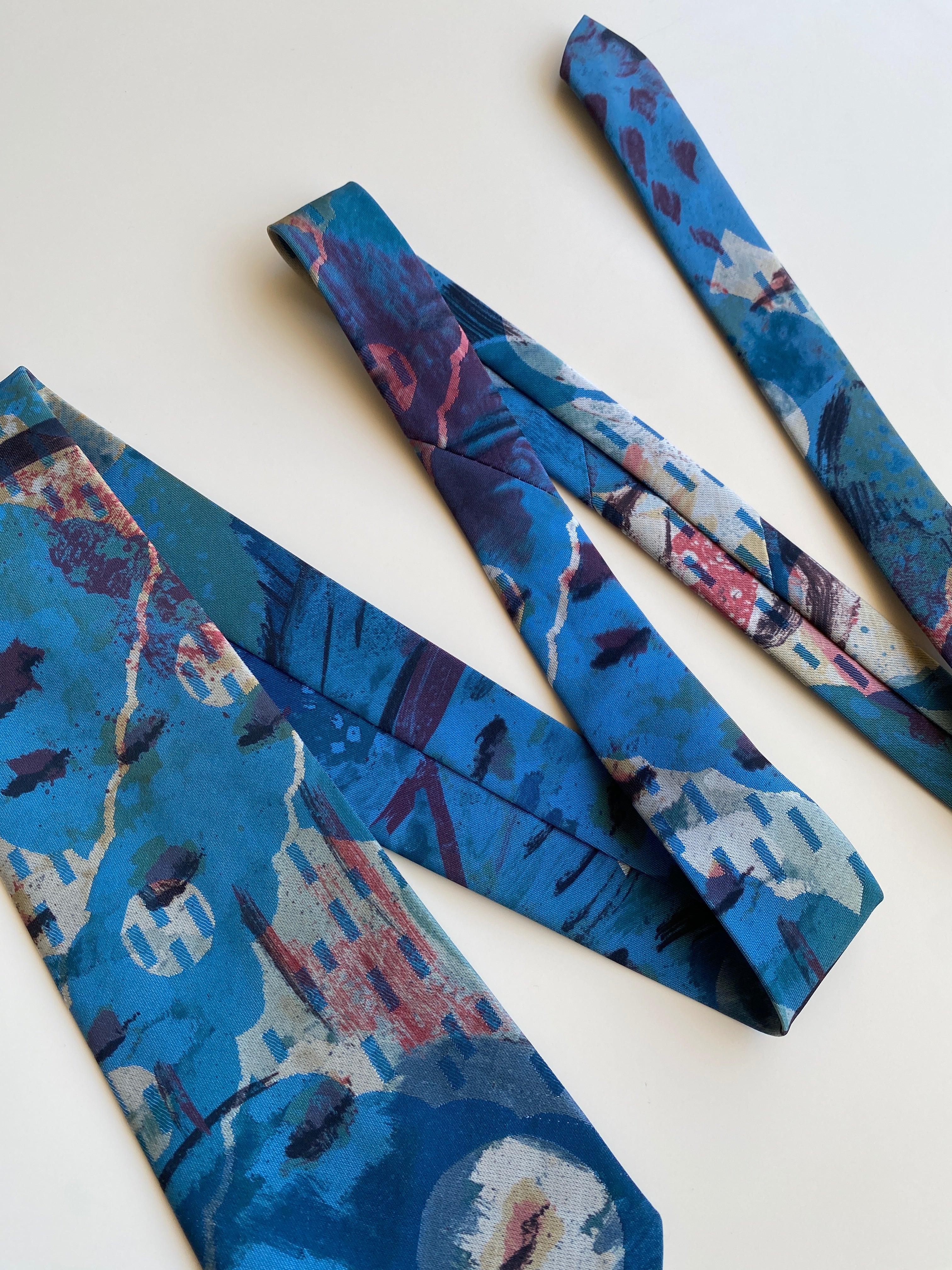 Vintage 1990s Blue Abstract Art Painterly Wide Necktie