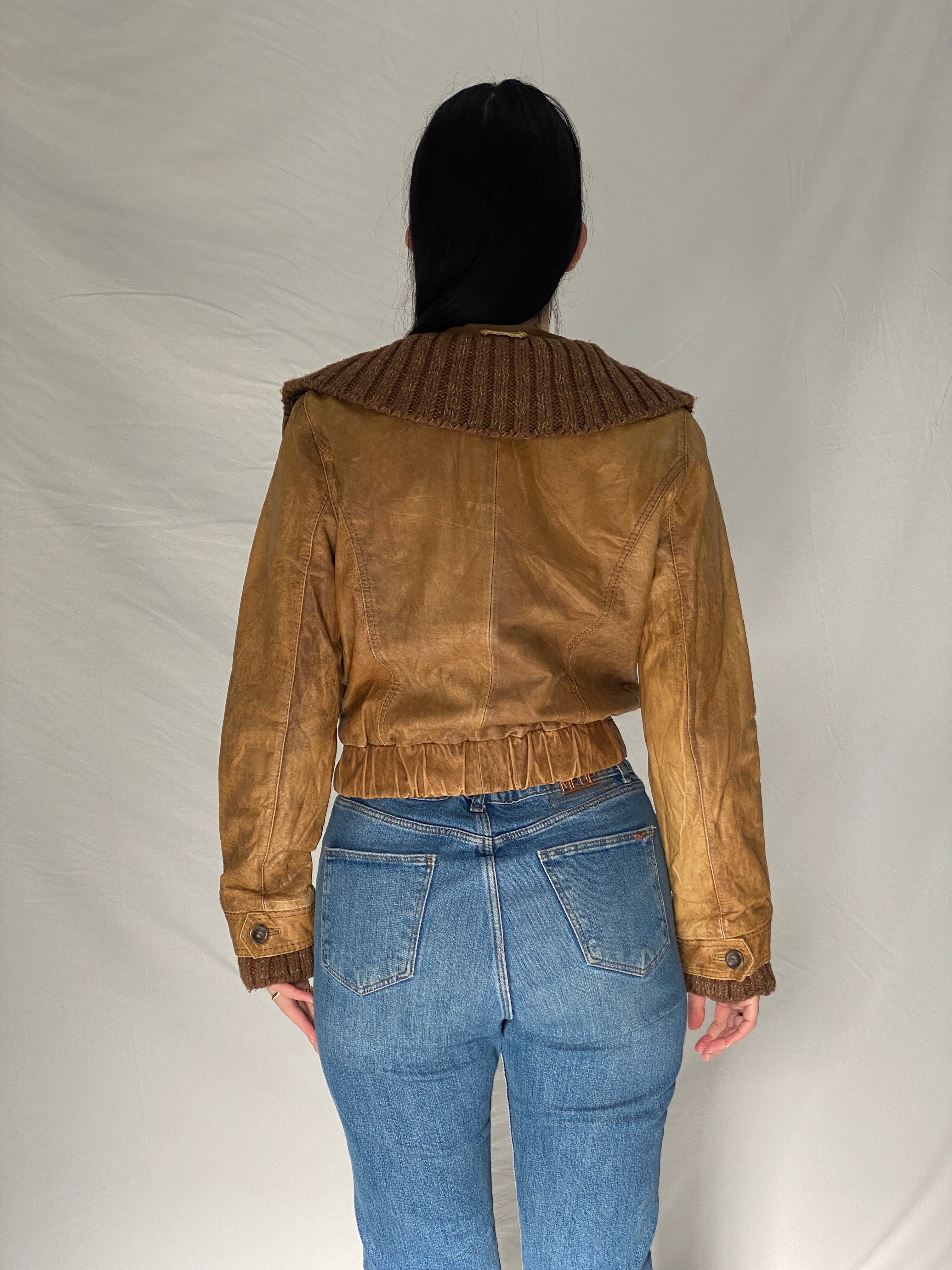 Y2K Jeim Basic Genuine Leather Tan Brown Distressed Cropped Jacket - S
