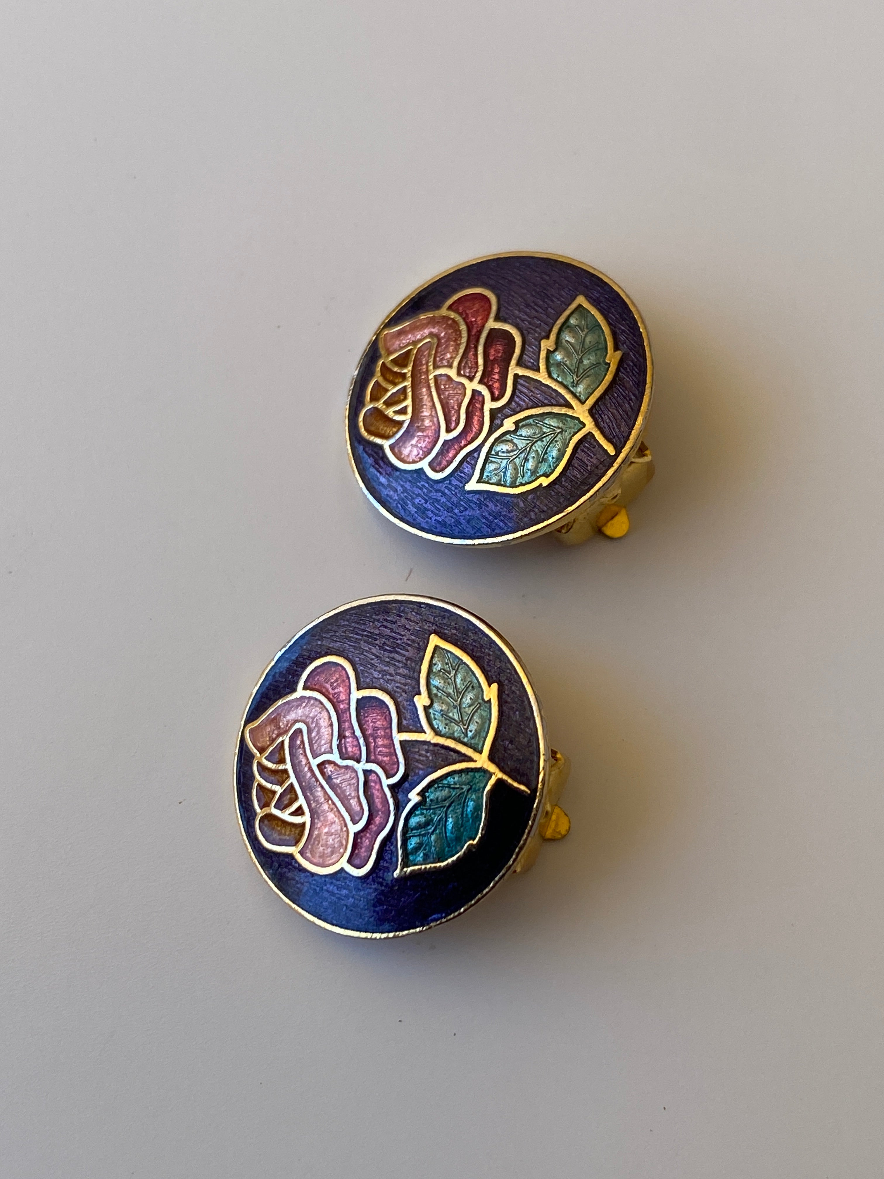 Vintage Enamel Rose Clip-On Blue Floral Cloisonné Style Mini Earrings