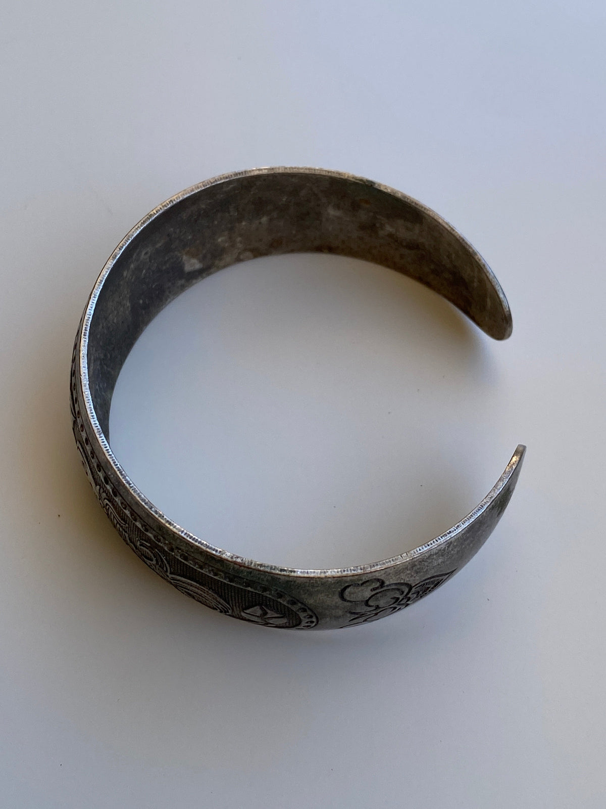 Vintage North African Style Silver-Tone Engraved Fish & Floral Wide Cuff Bracelet