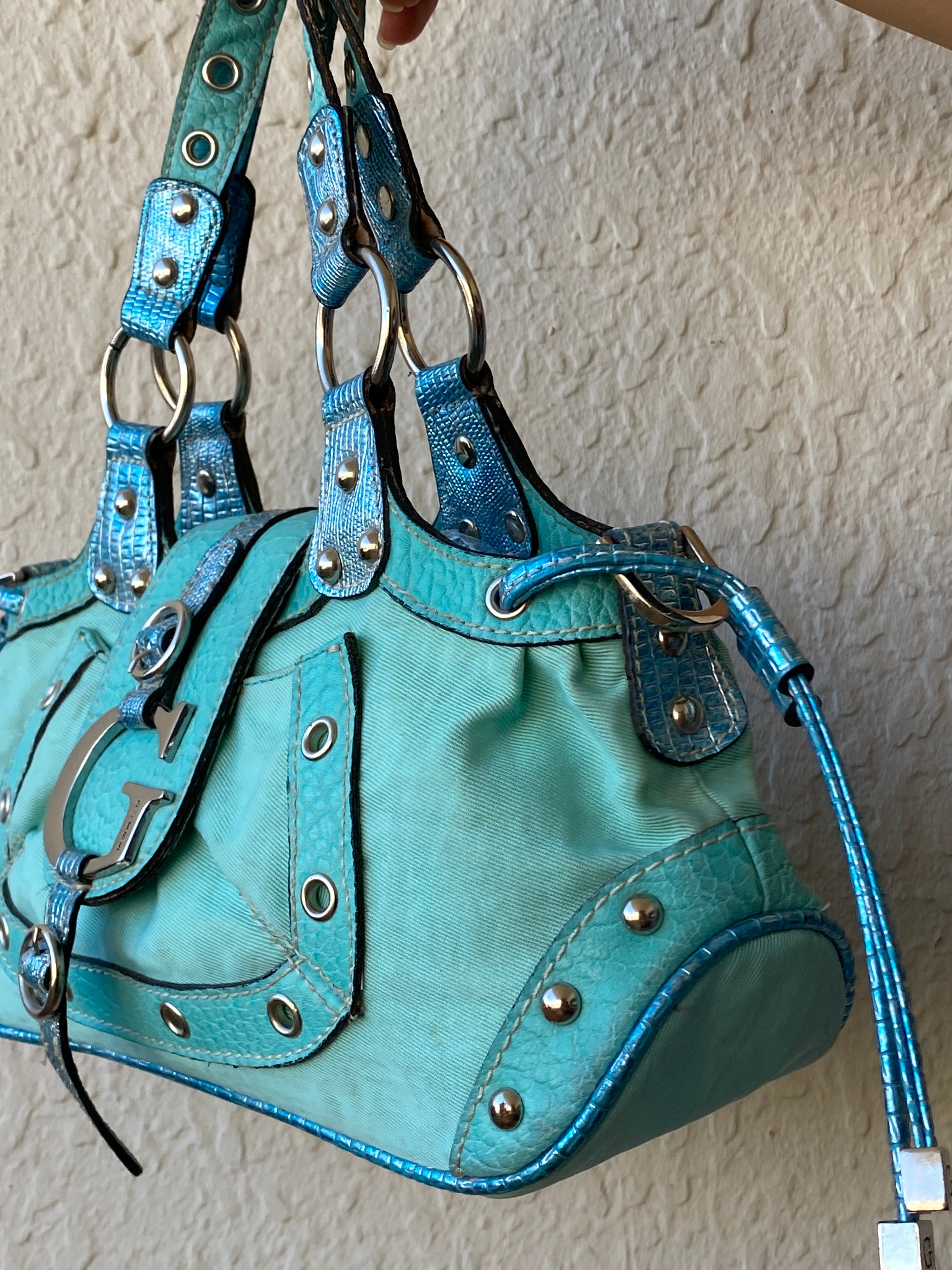 Vintage Y2K Guess Turquoise Satchel Bag with Logo G Hardware & Studded Trim Purse