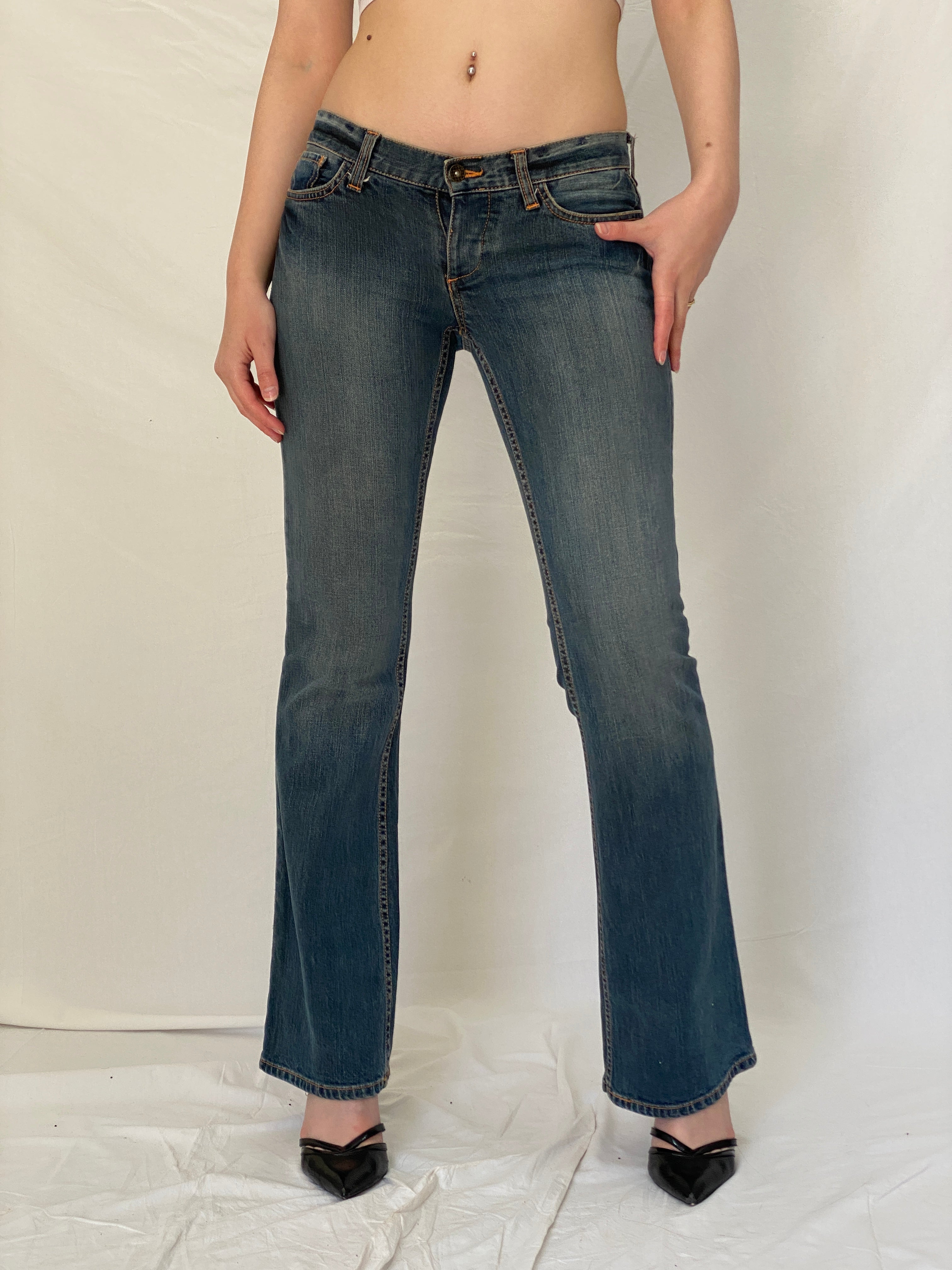 Vintage Y2K Vans Low Rise Flare Jeans Blue Embroidered Pocket Denim - 38EUR