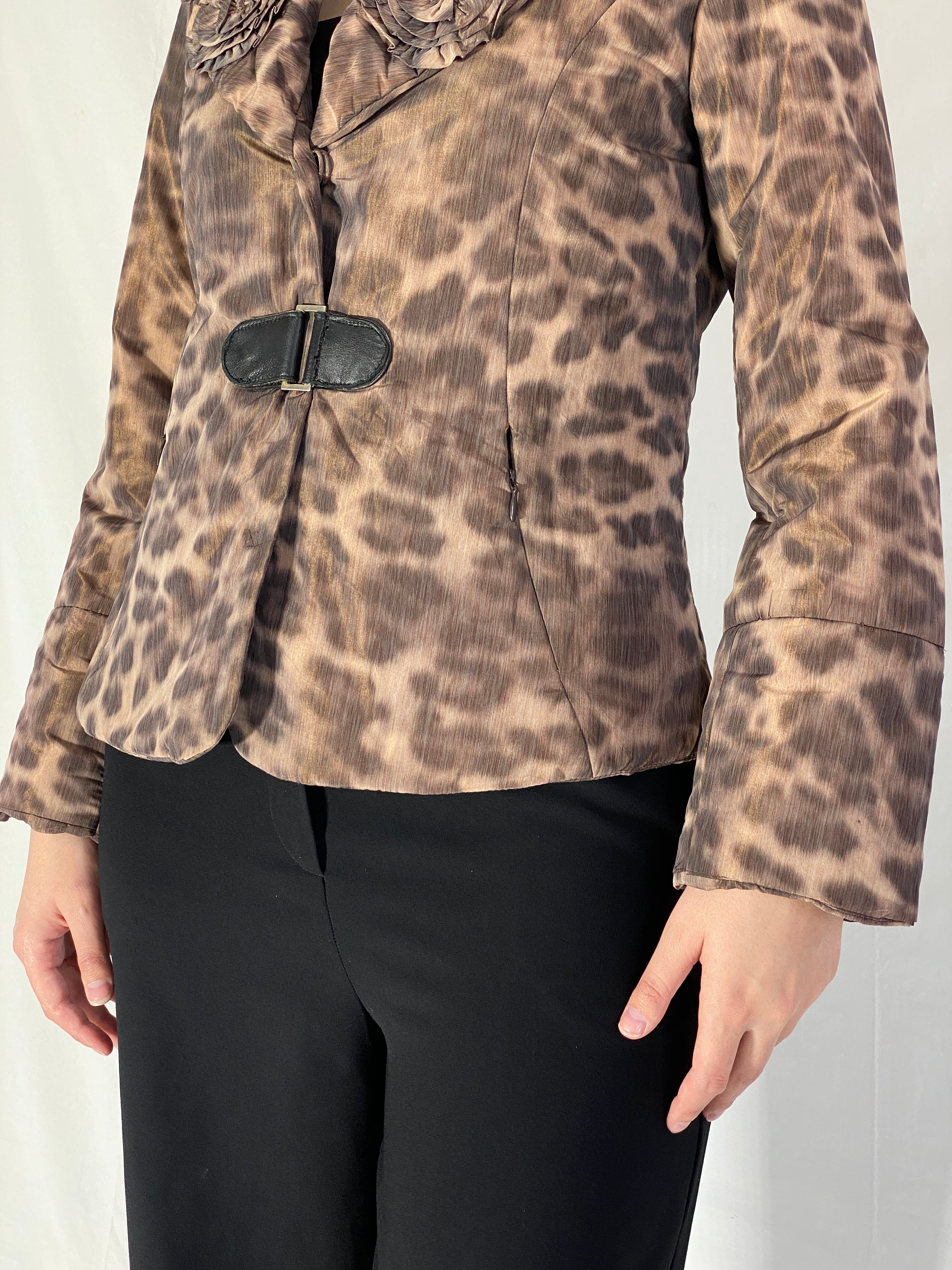 Boko Collection Brown Leopard Print Light Jacket with Floral Collar Detail - M