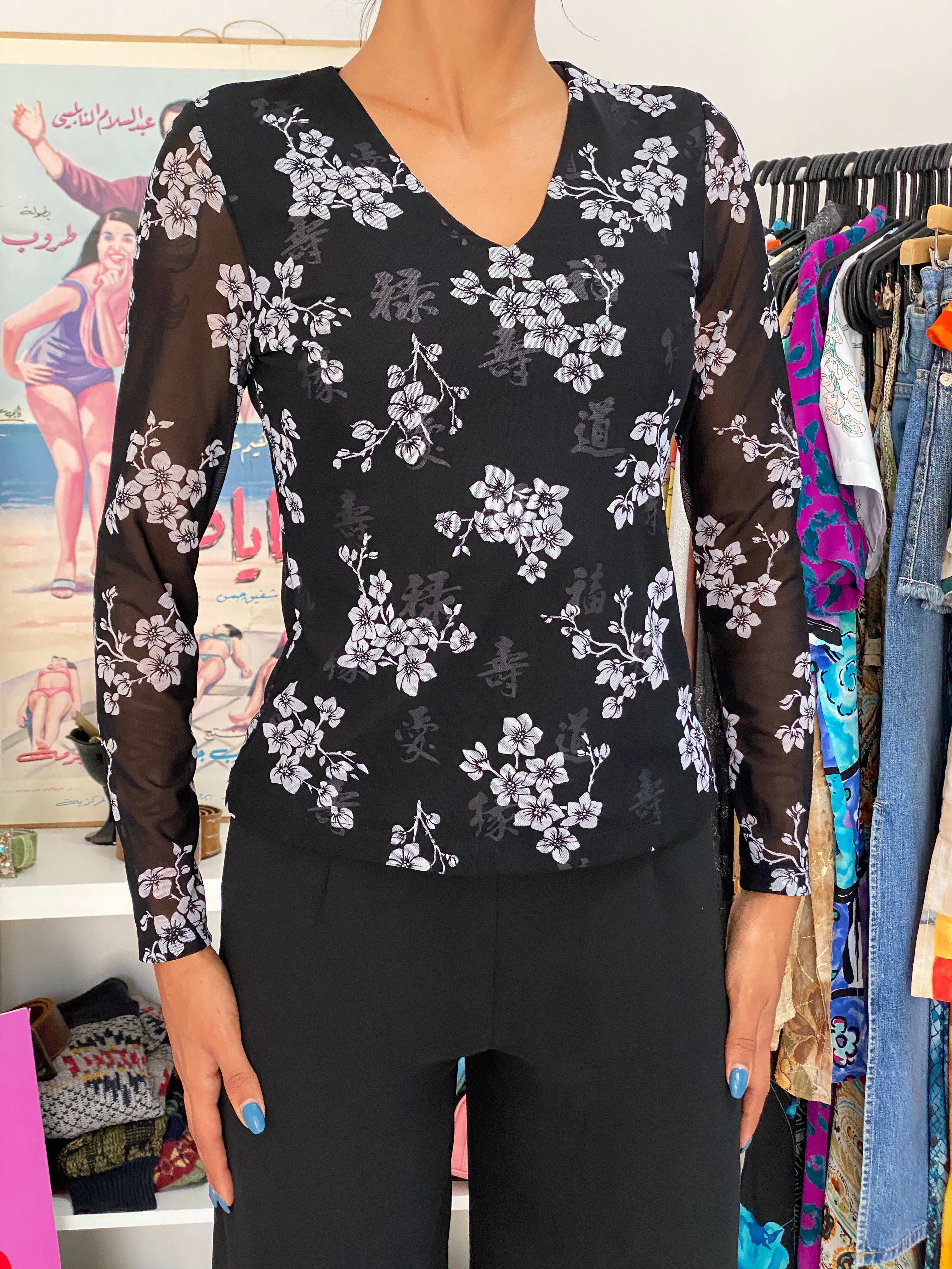 Vintage 90s Y2K Petite Sophisticate Black Floral Mesh Long Sleeve Top - S