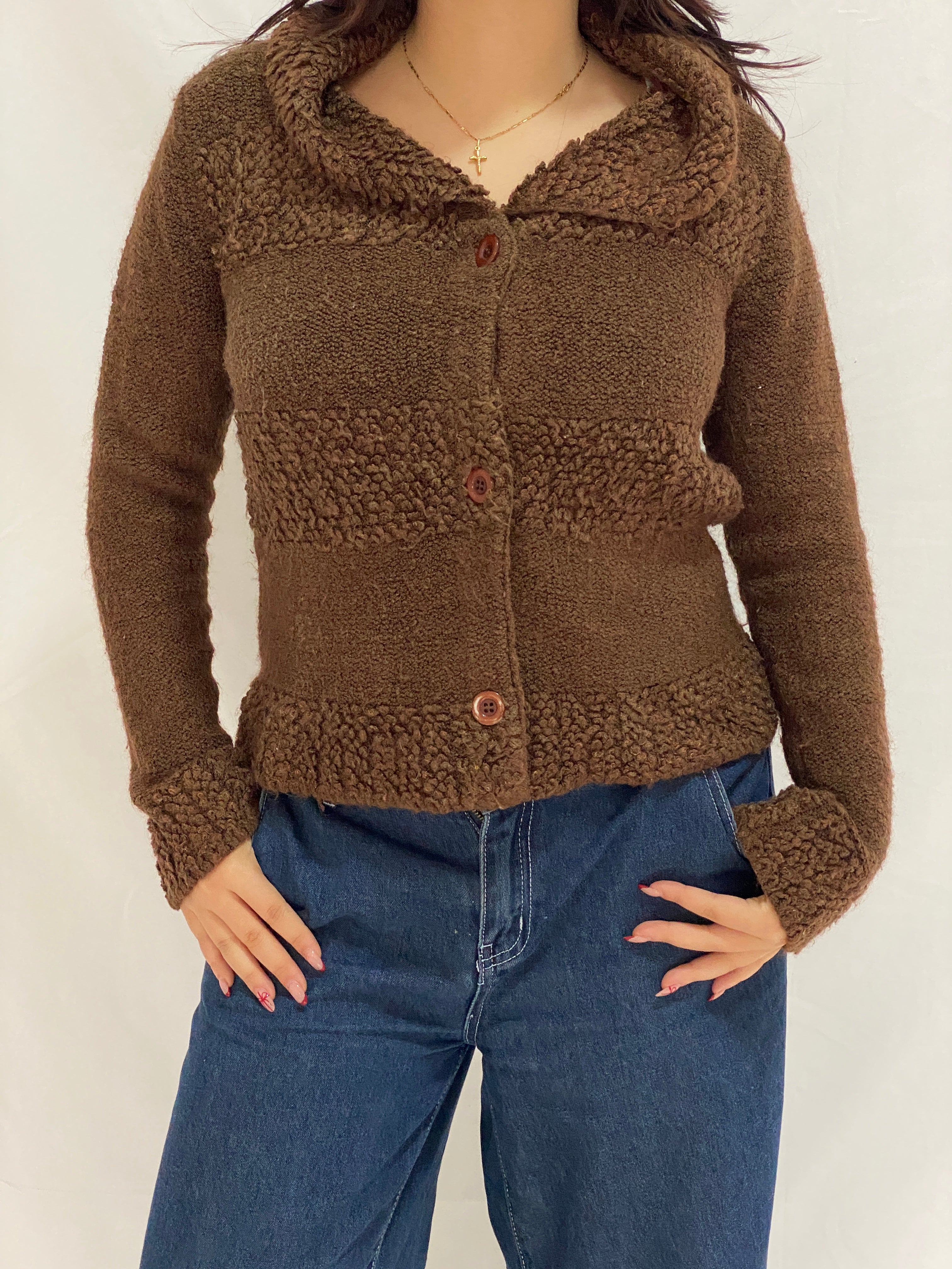 Vintage Brown Teddy Knit Jacket FD Feider Button-Up Cozy Cardigan - M