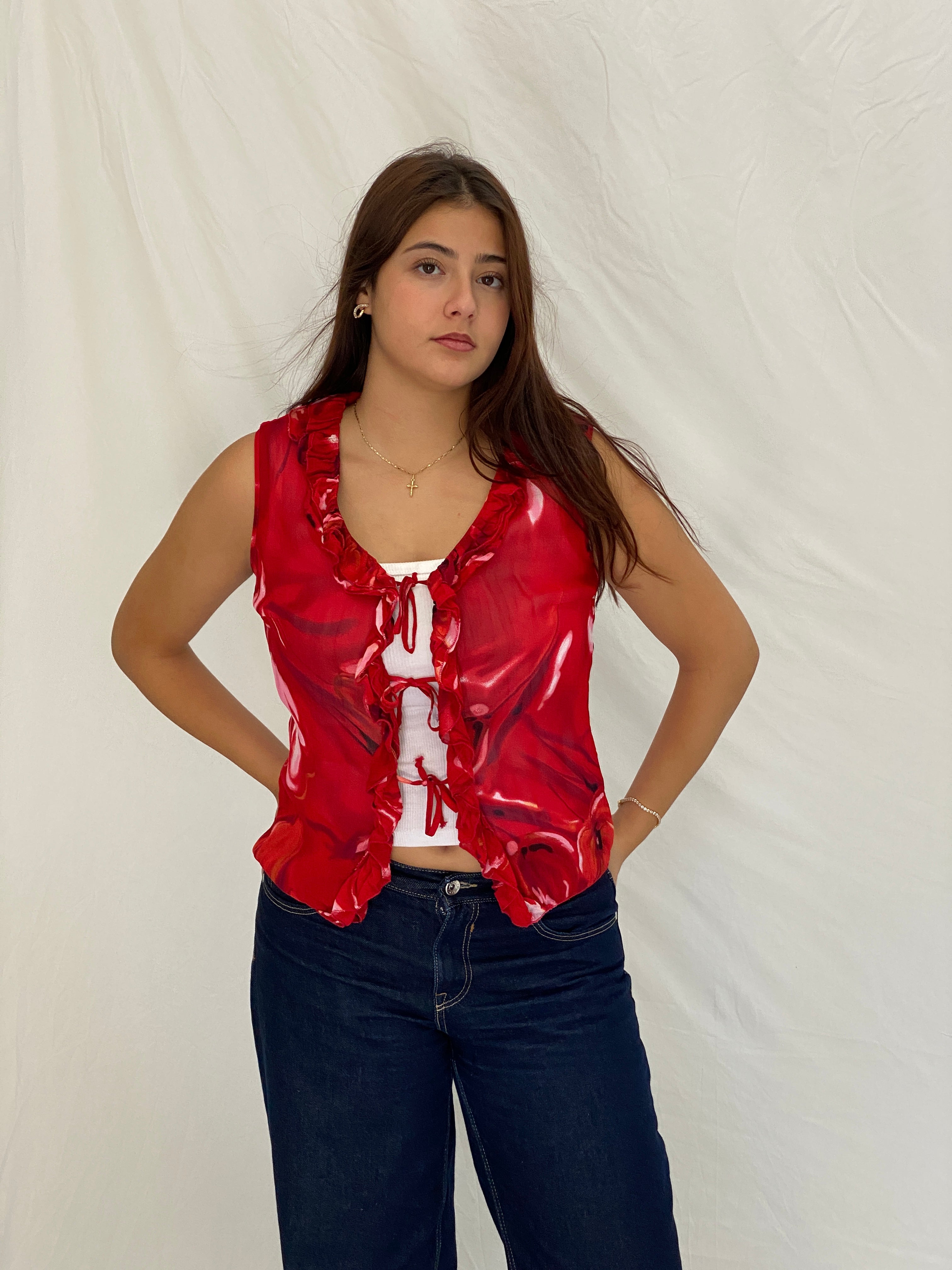 Vintage Y2K SAXX Italy Red Floral Sheer Ruffle Tie-Front Top - M