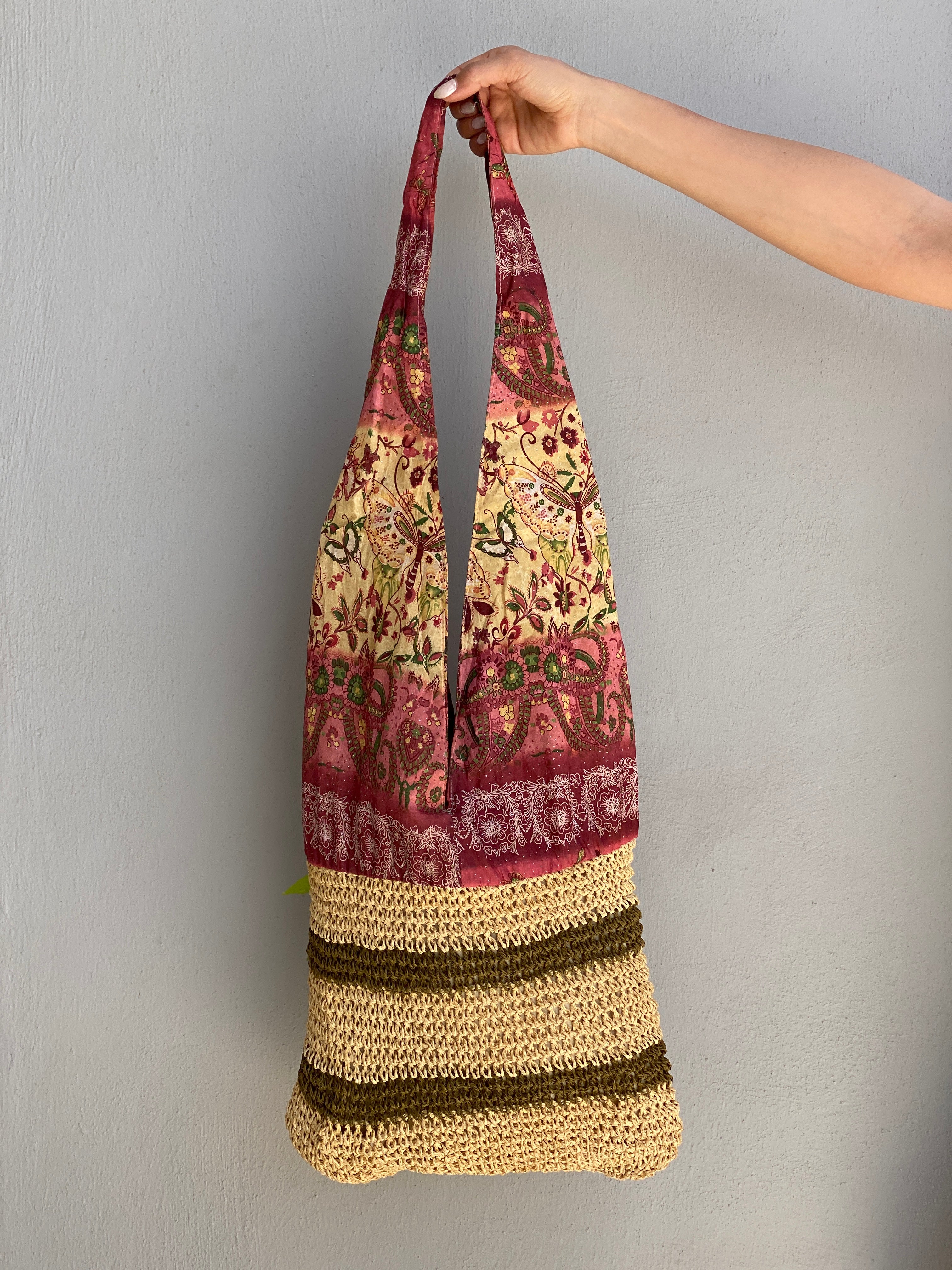 Vintage Boho Patchwork Straw & Paisley Print Tote Bag Floral Detail Shoulder Bag