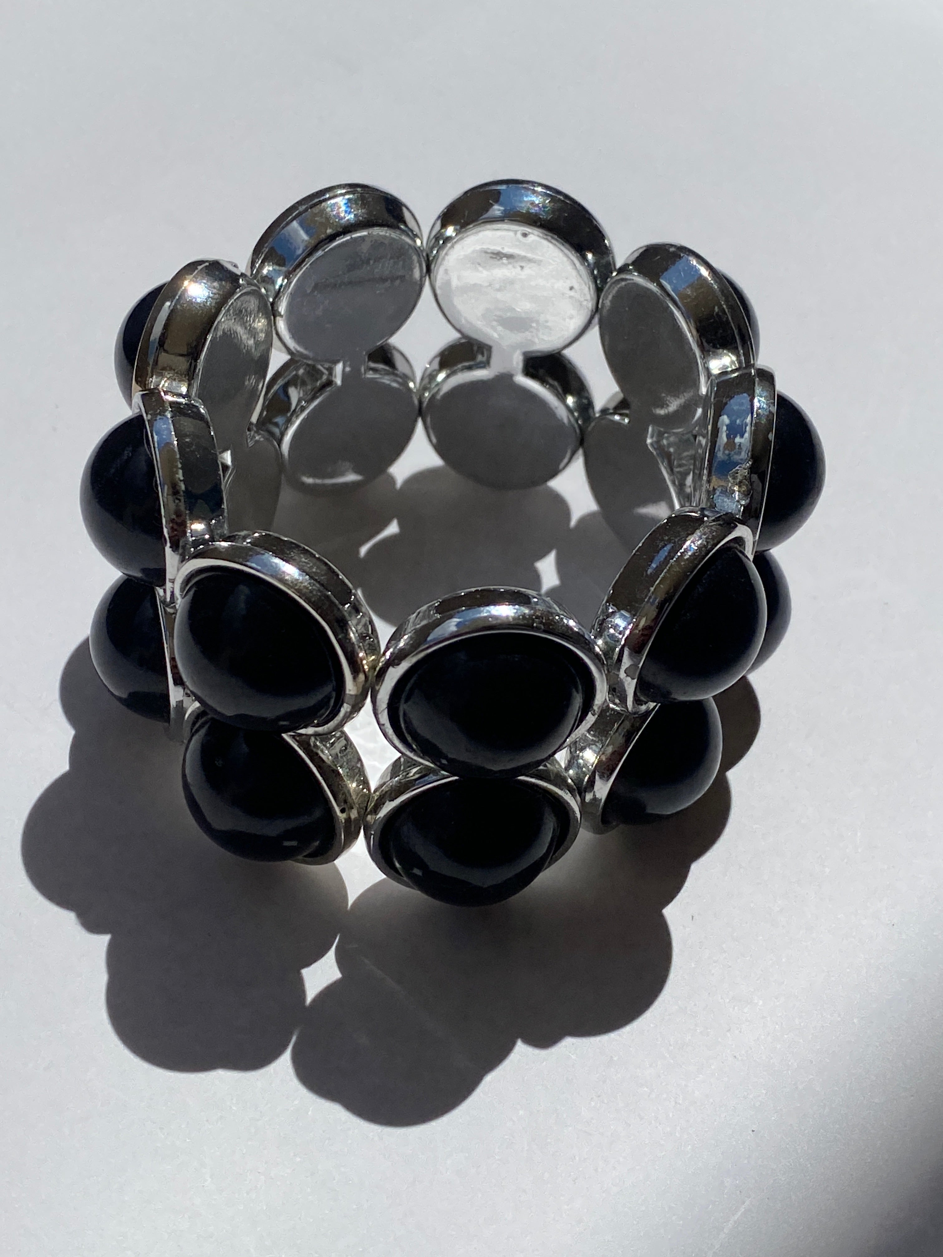 Vintage Black Cabochon Silver Tone Elastic Cuff Bracelet