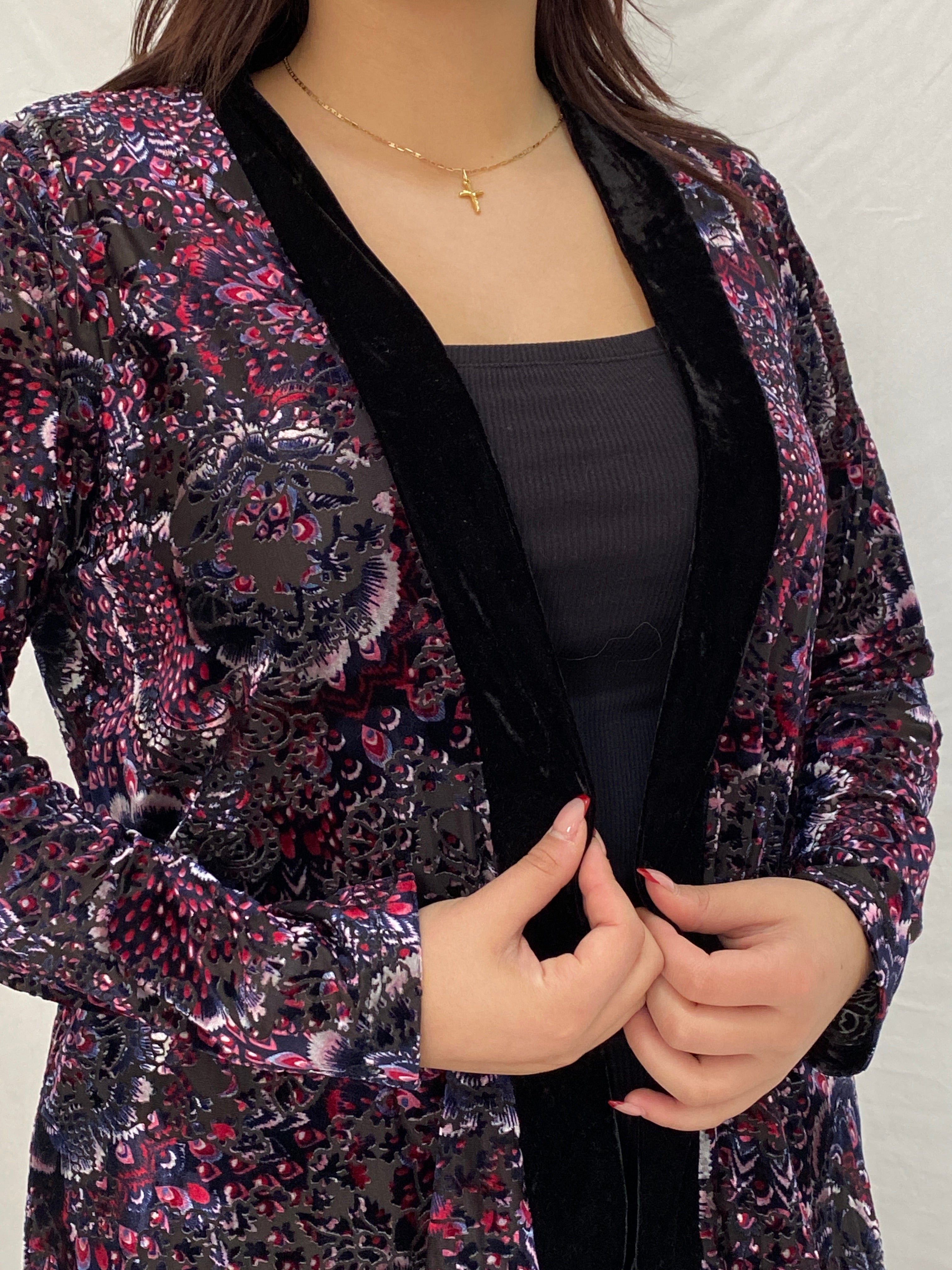 Vintage Millers Black Velvet Floral Paisley Open-Front Cardigan - L