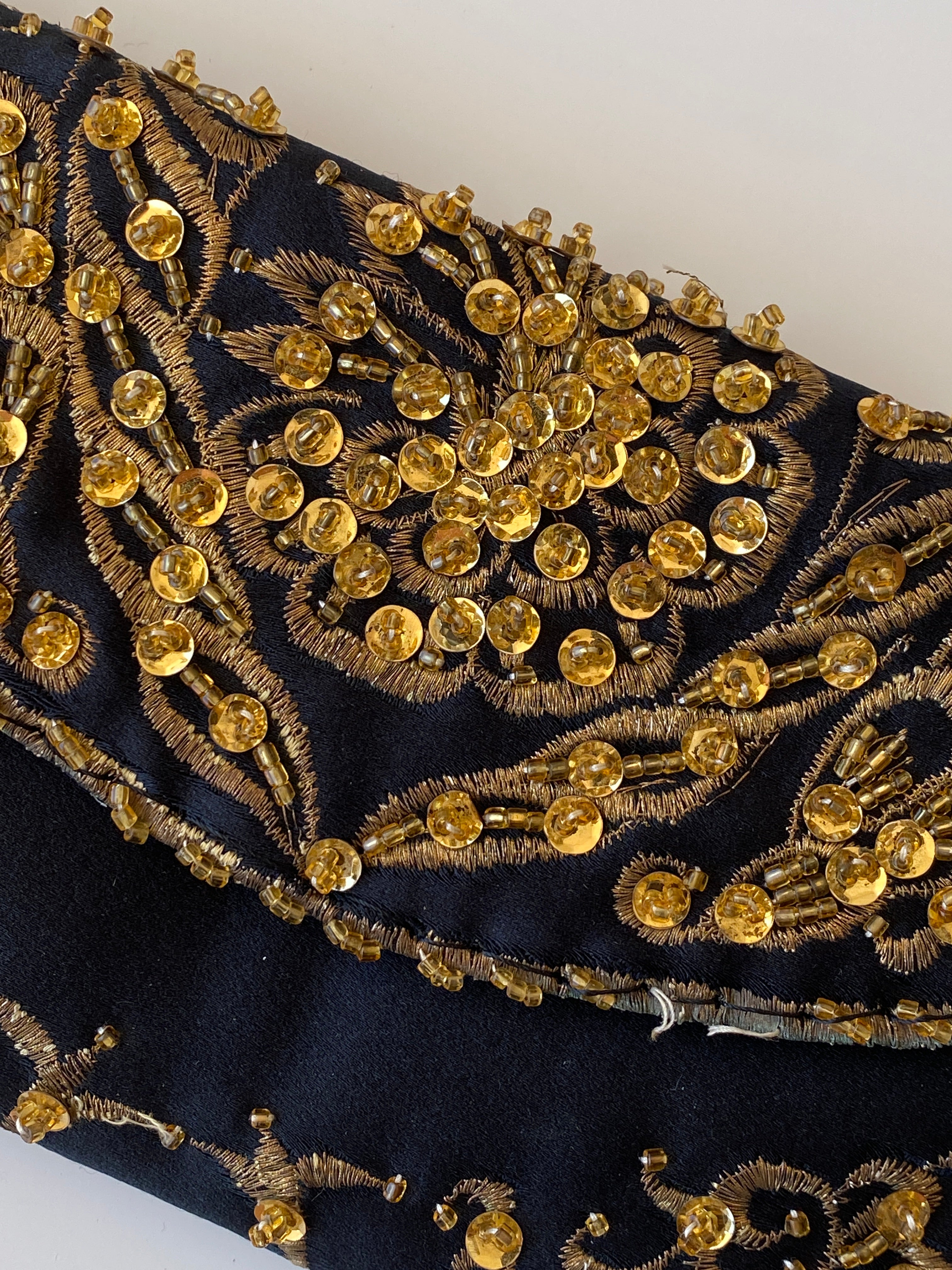 Vintage Black & Gold Beaded Embroidered Evening Mini Clutch Bag