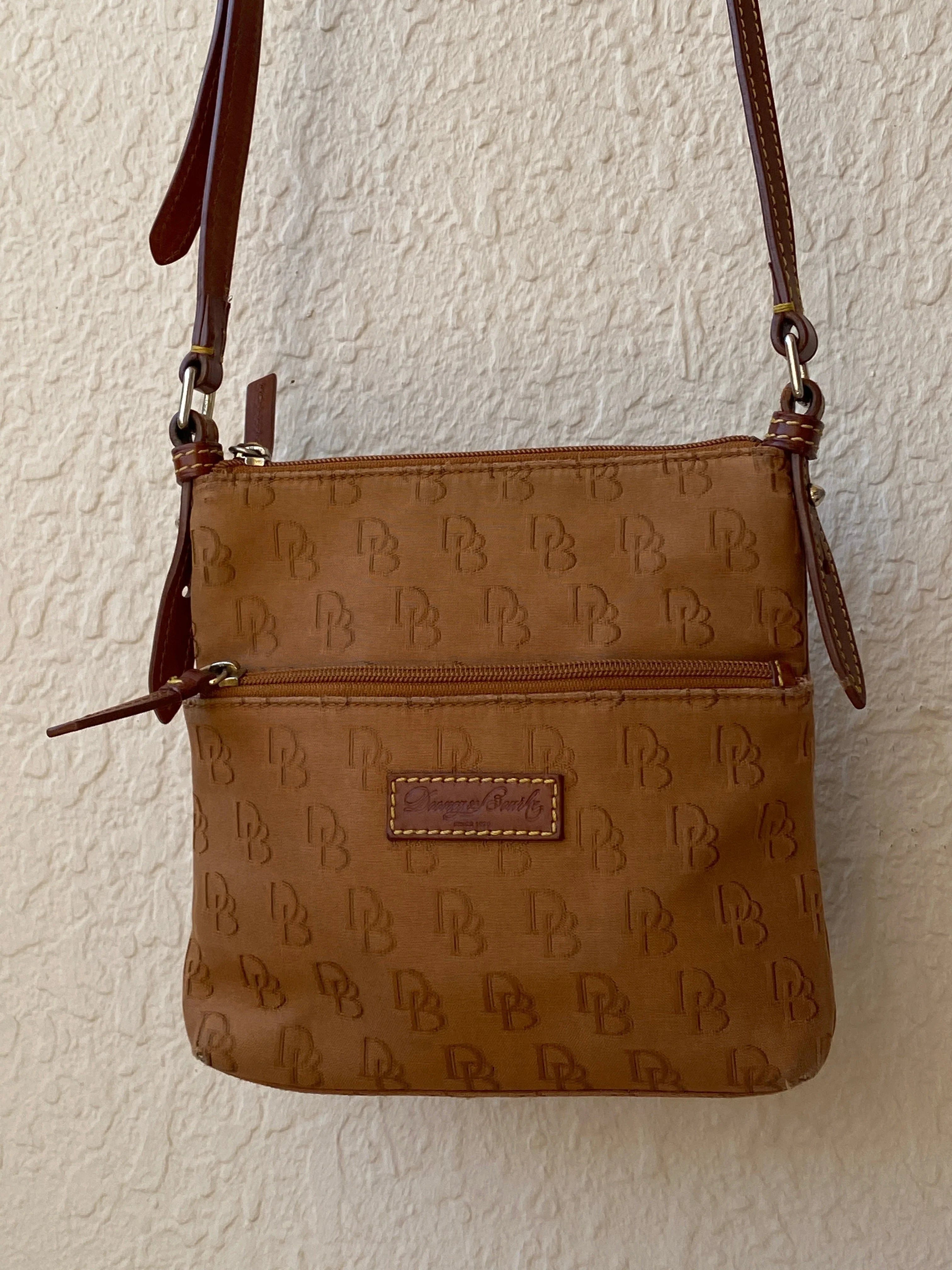 Dooney & Bourke Brown Logo Monogram Crossbody Bag with Leather Trim