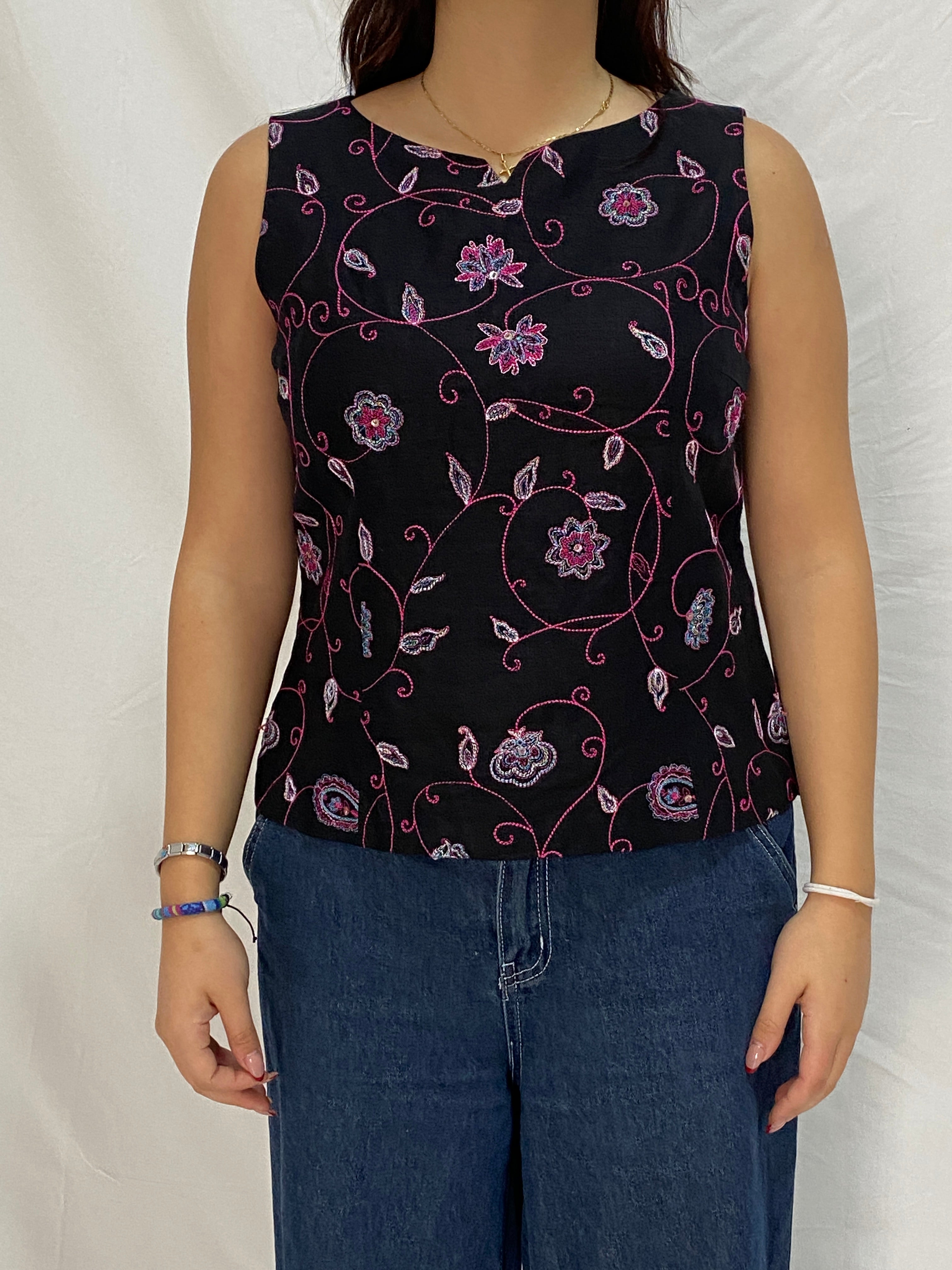 Vintage DUÉ per DUÉ Collection Black Embroidered Linen Sleeveless Top – M