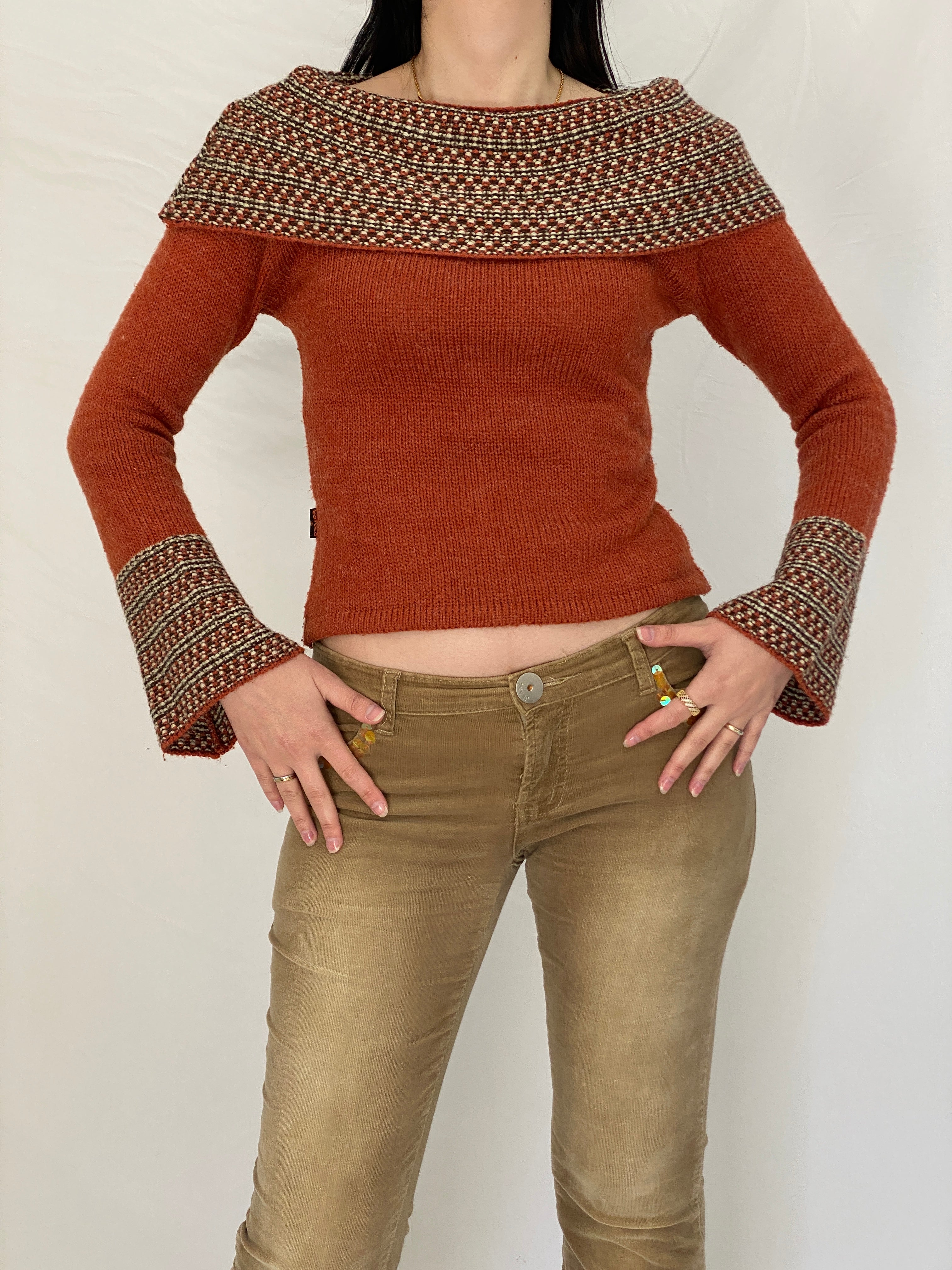 Y2K BANKO Orange Knit Sweater Top with Textured Collar & Flared Cuffs - M