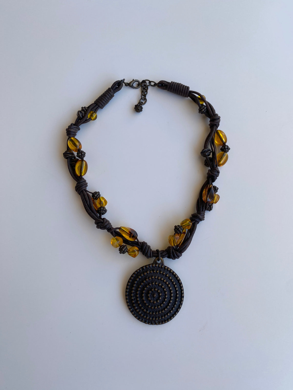 Vintage Y2K Boho Brown Cord Amber Bead Spiral Medallion Statement Necklace