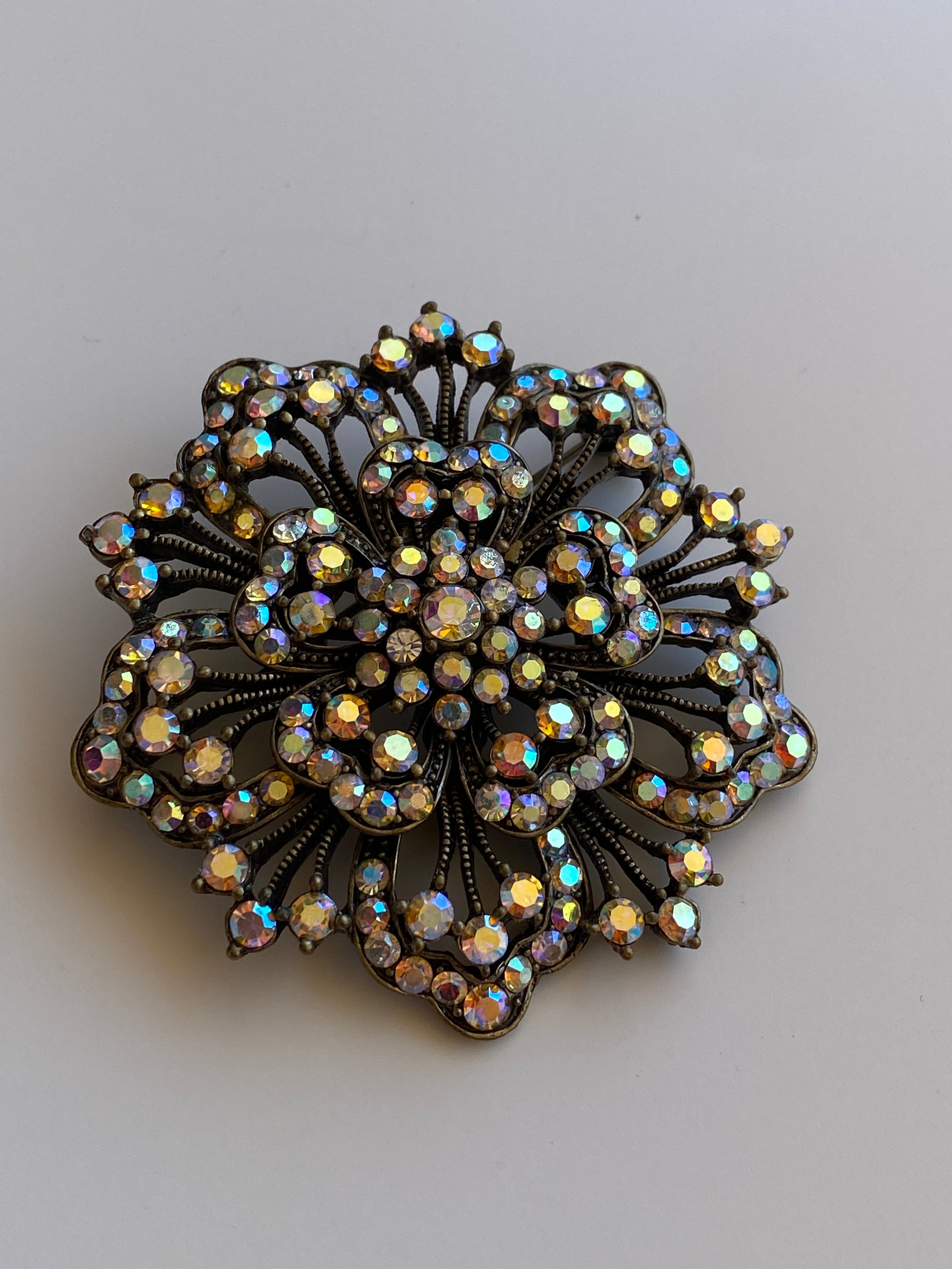 Vintage Aurora Borealis Rhinestone Bronze Floral Statement Brooch