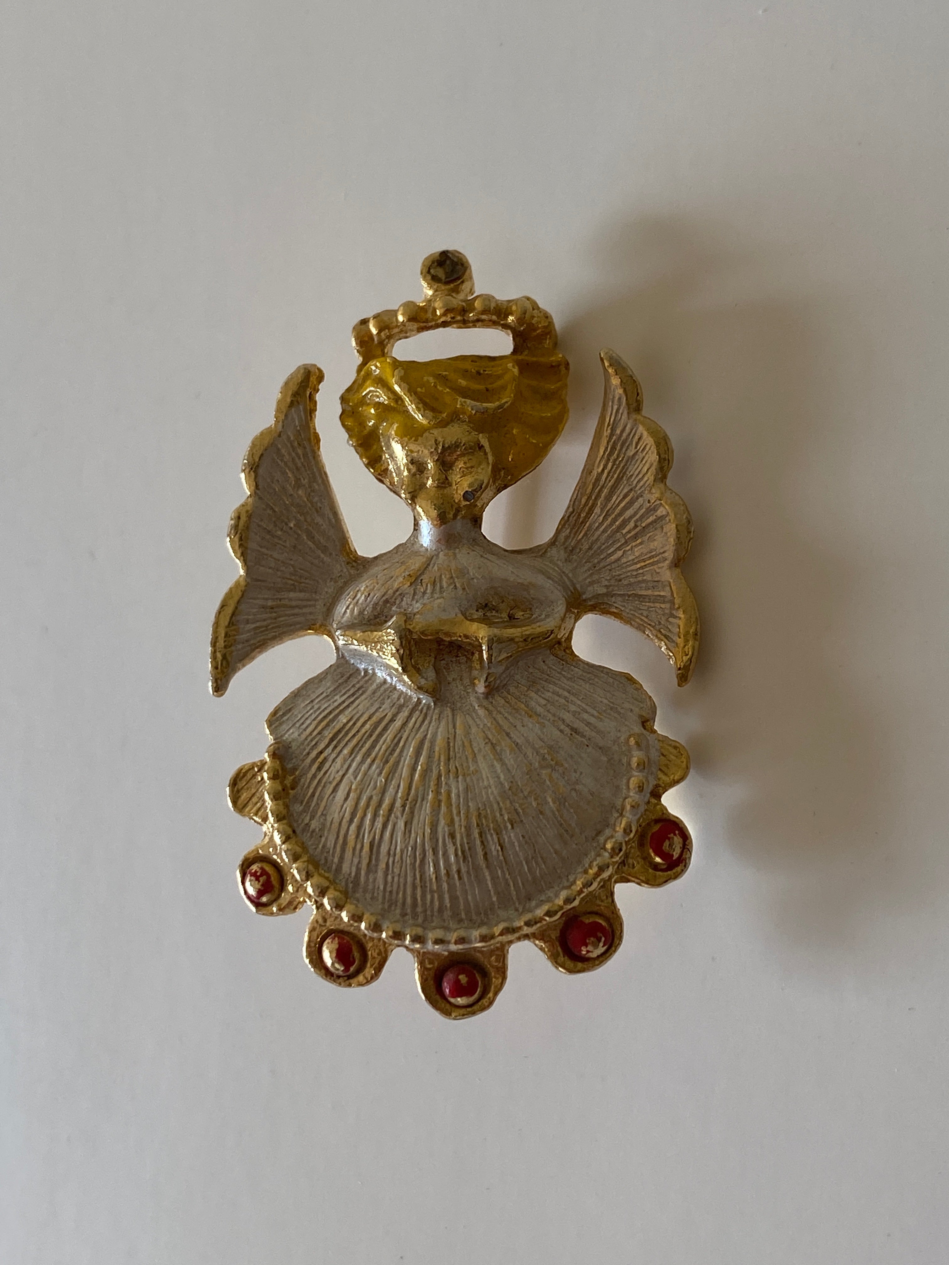 Vintage Gold-Tone Enamel Angel Brooch Red Rhinestone Retro Jewelry Pin