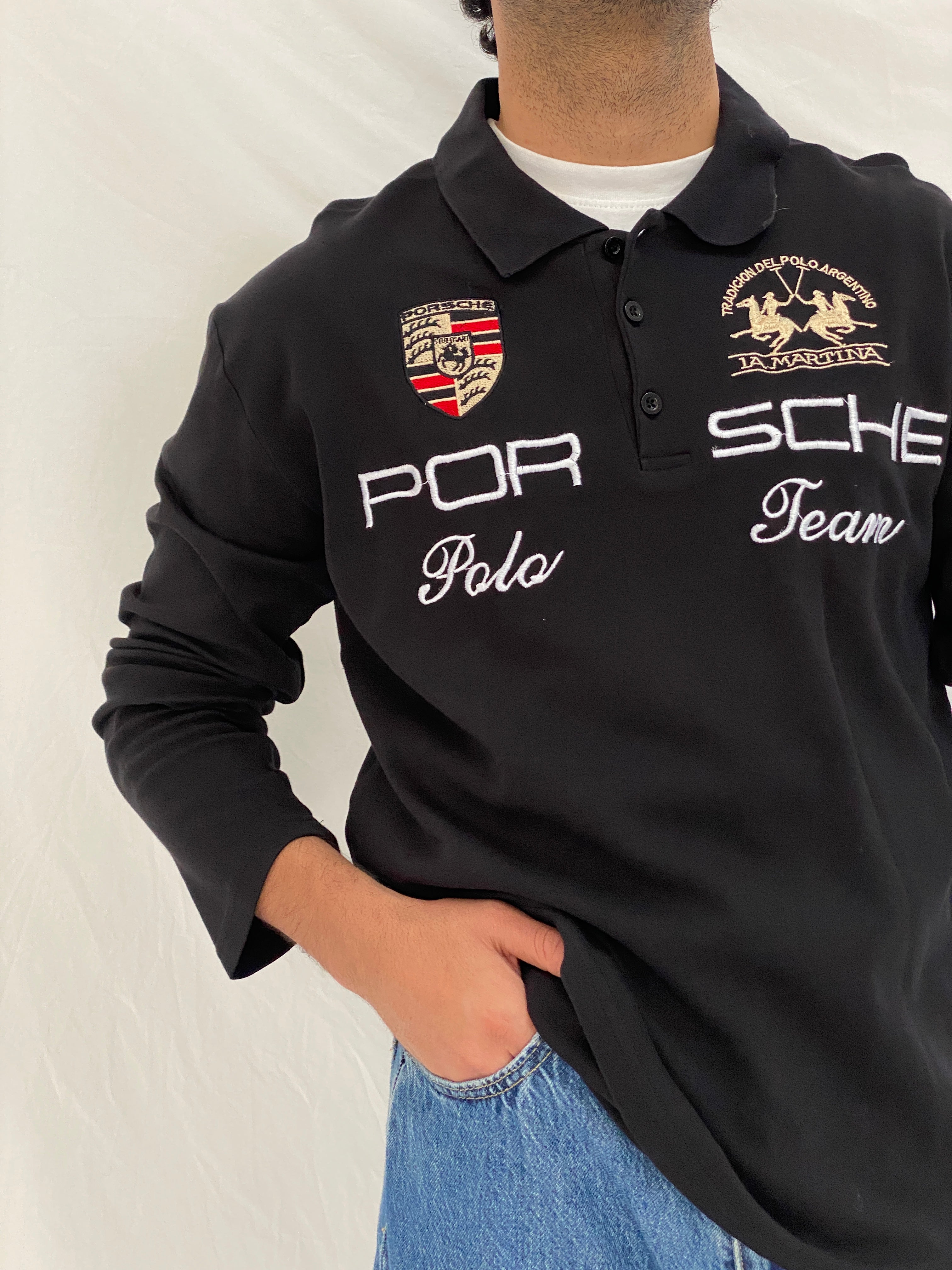 Vintage La Martina Porsche Team Rugby Top Polo Black Racing Shirt - L