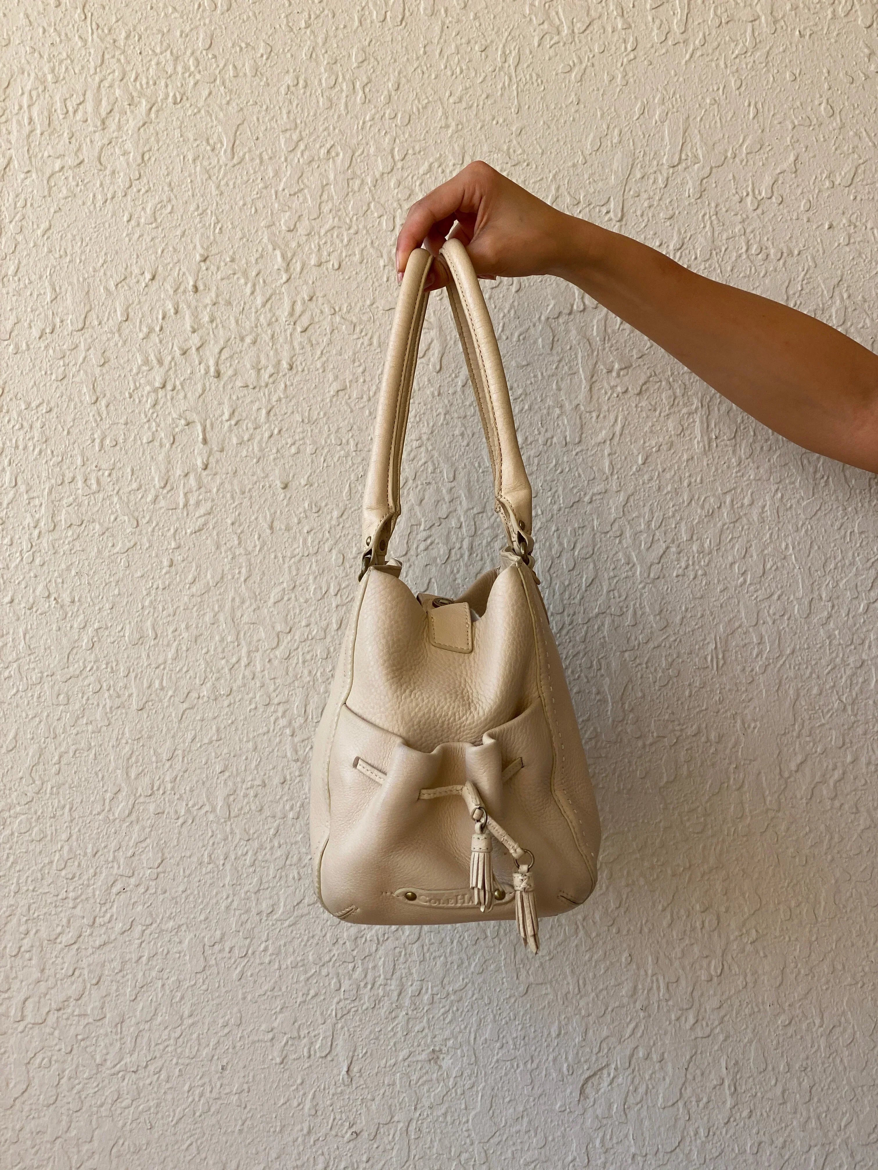 Beautiful Cole Haan Beige Genuine Leather Satchel Handbag Classic Shoulder Bag