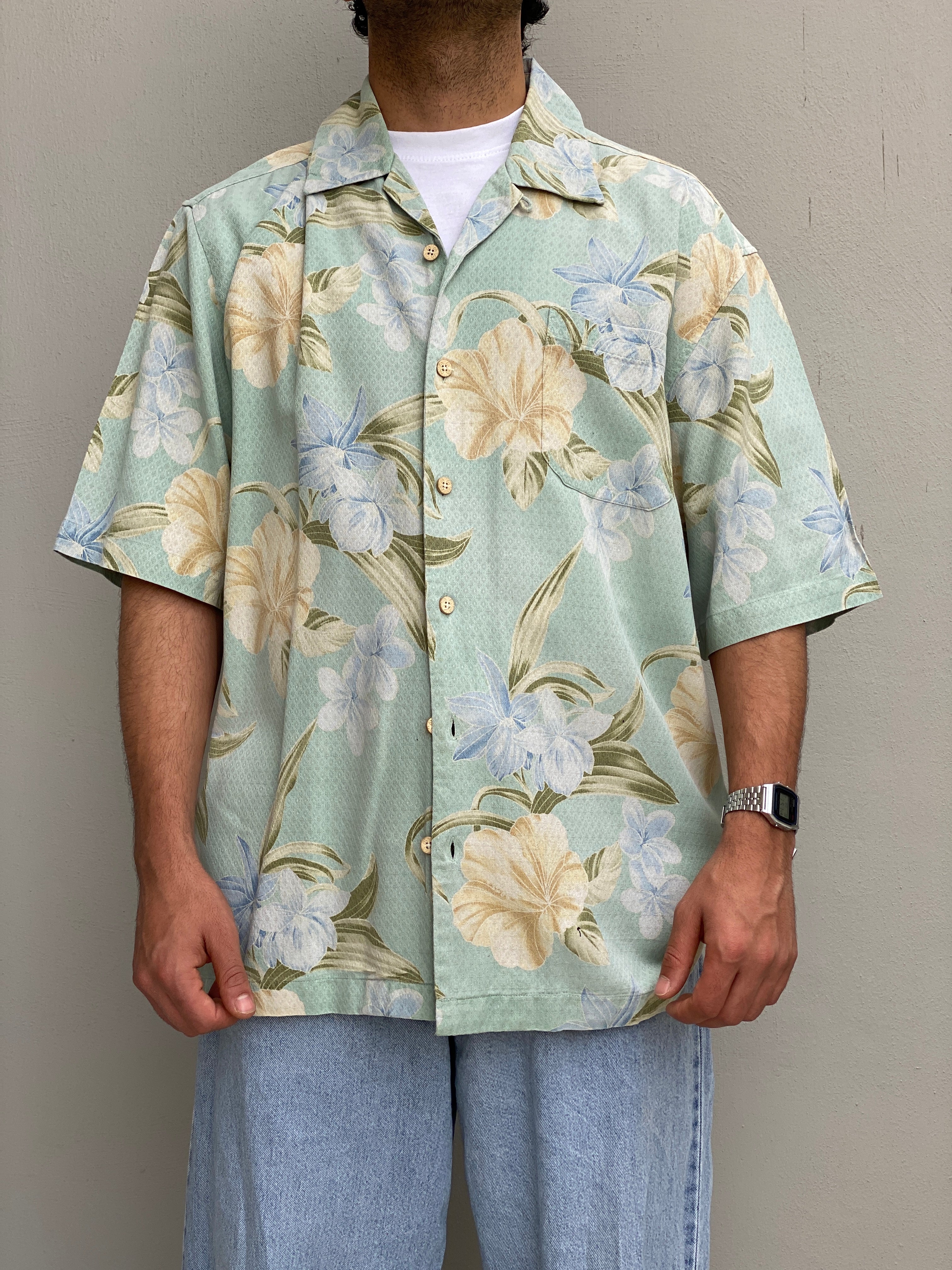 Vintage 90s Jamaica Jaxx Silk Hawaiian Shirt Mint Green Floral Tropical Resort Button Up - L