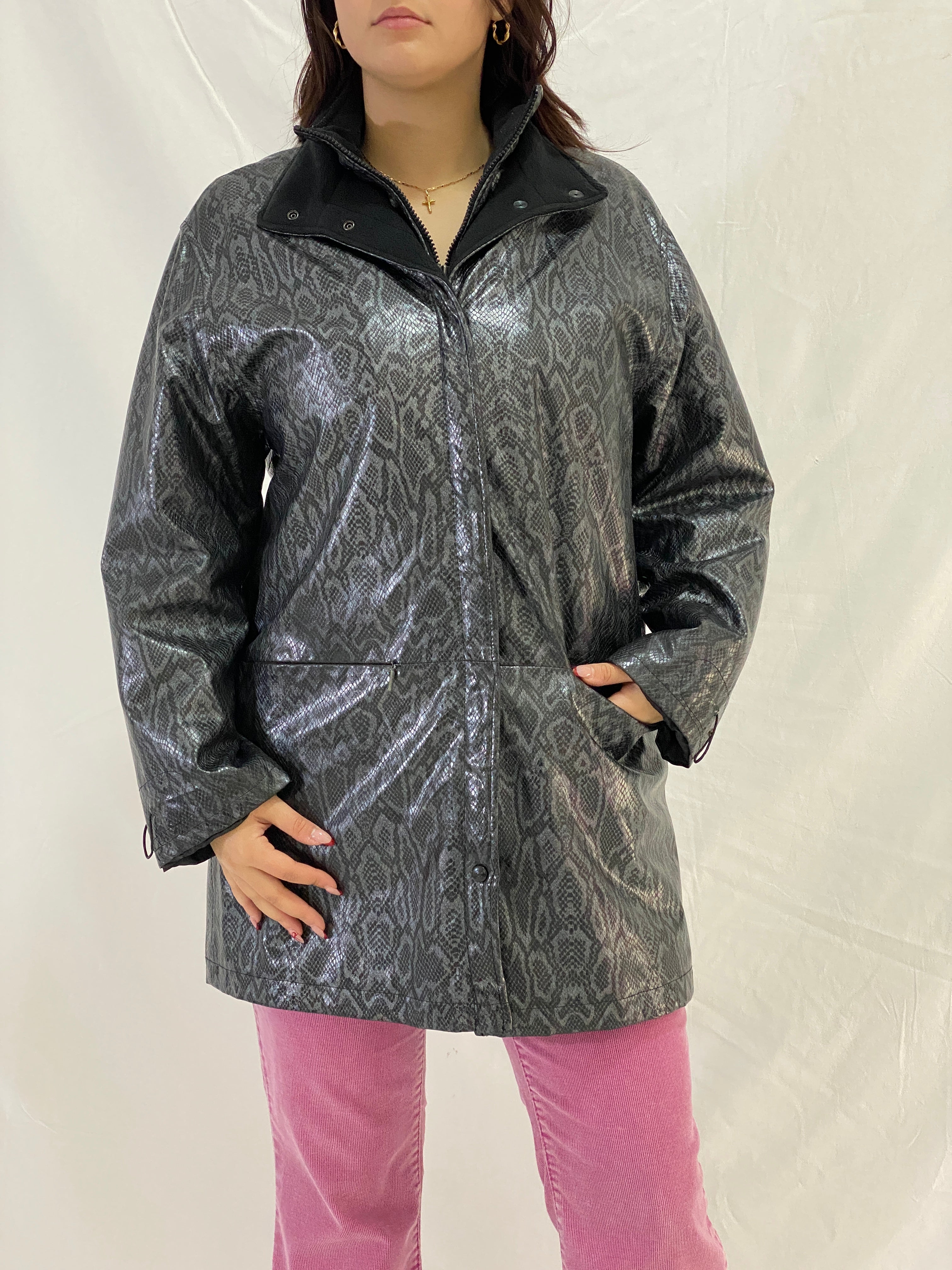 Vintage Lisa Tossa Black Metallic Snake Print Long Raincoat Jacket – M