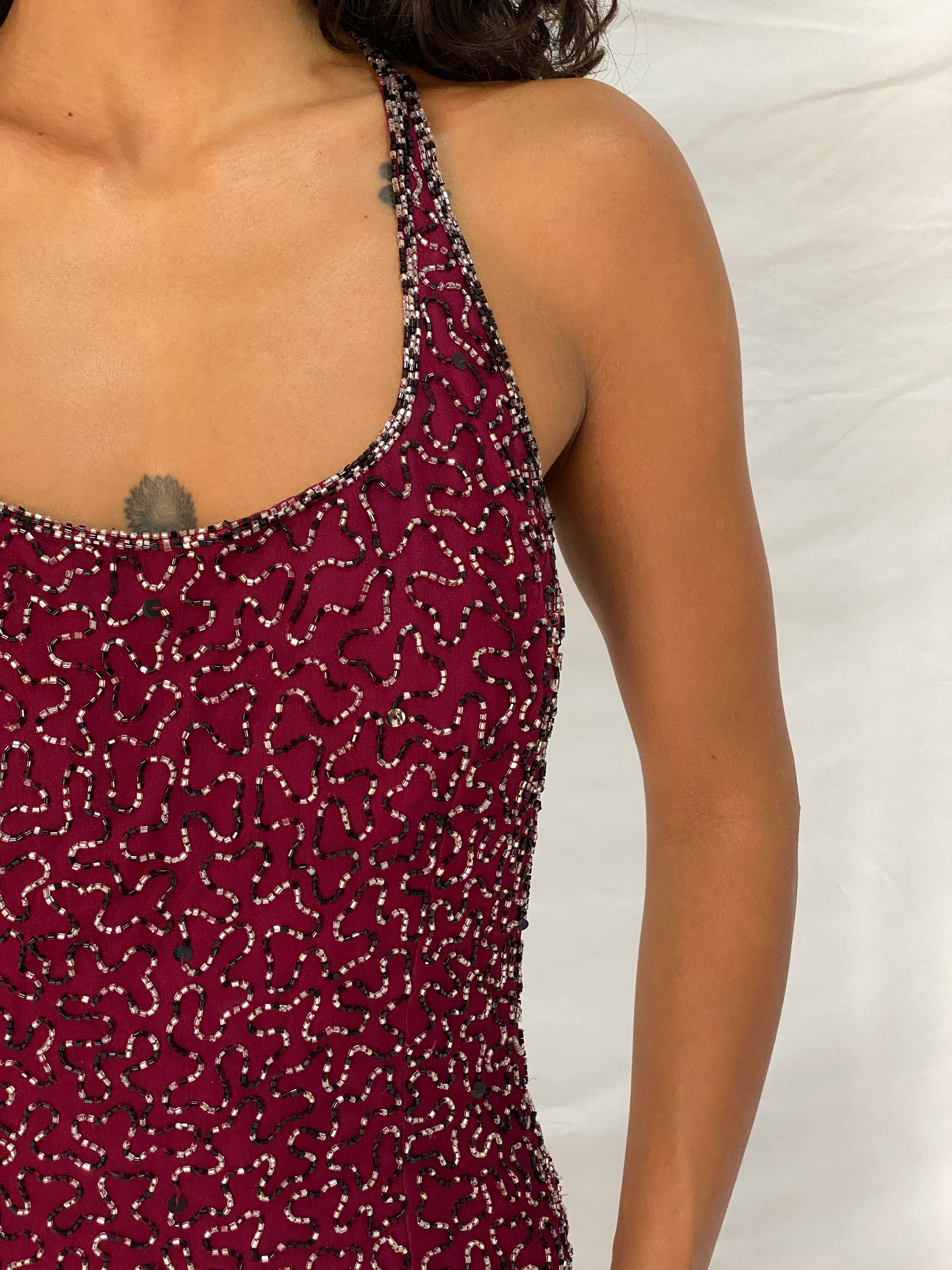 Vintage Romy Scala Burgundy 100% Silk Beaded Cross-Back Maxi Dress – M