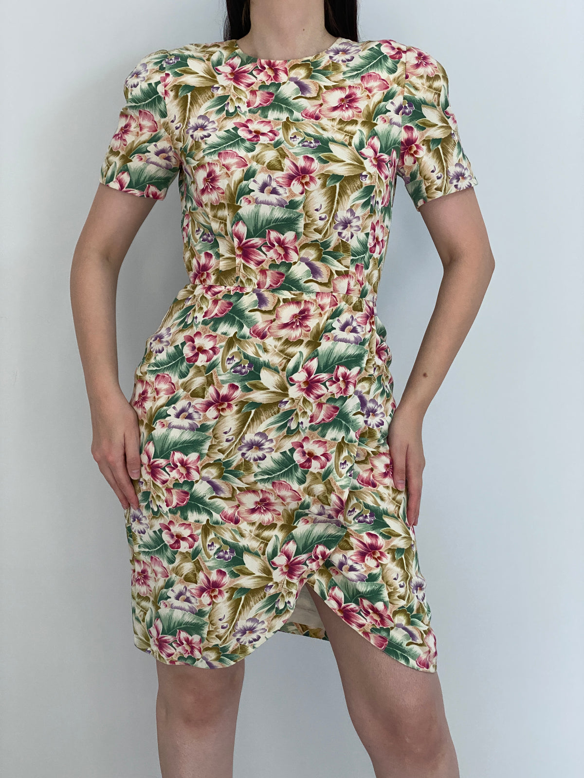 Vintage 90s Liz Claiborne Cream Rayon Tropical Floral Wrap-Style Dress - S