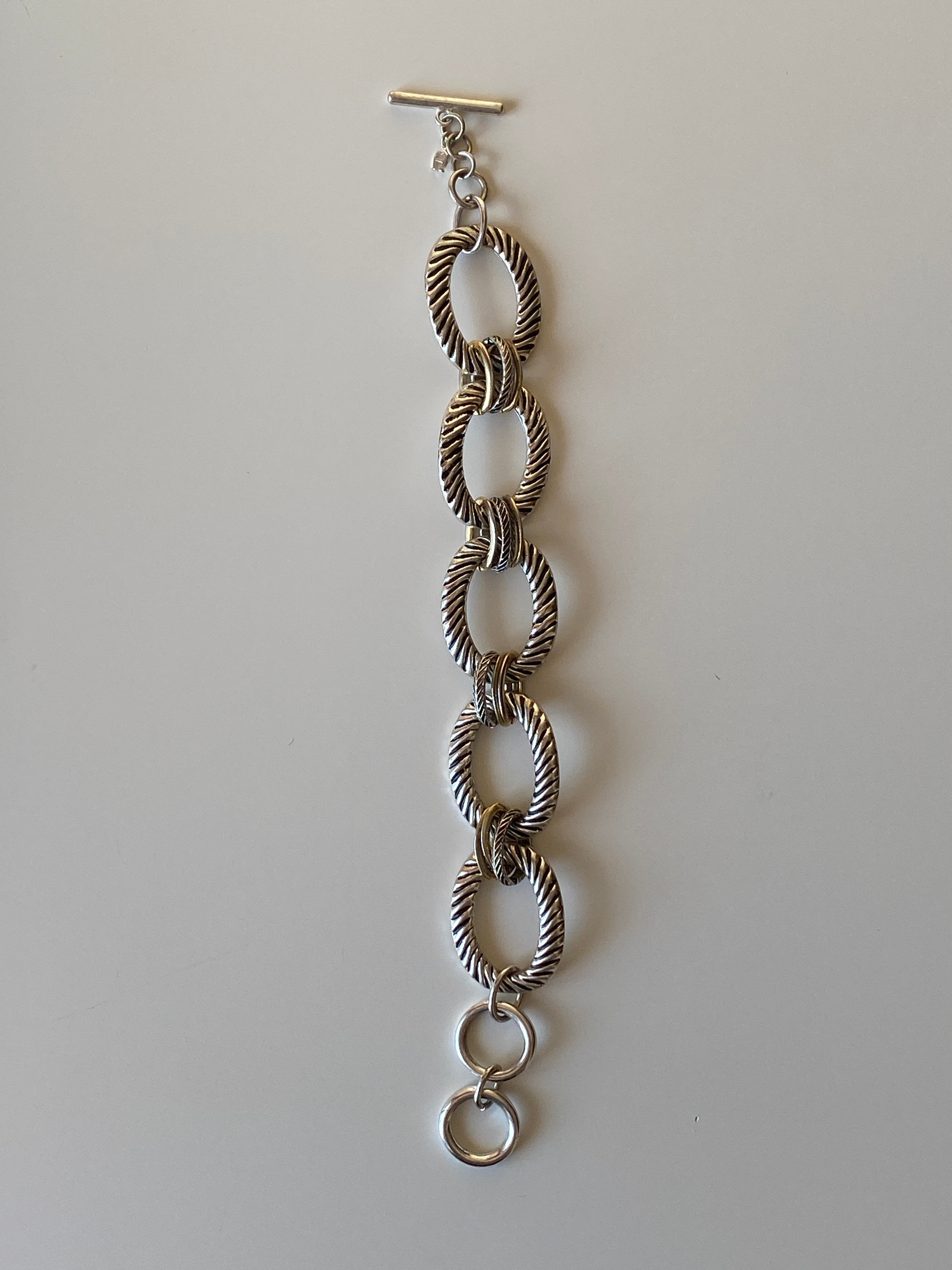 Vintage Chunky Textured Link Bracelet Silver & Gold-Tone Oval Links with Toggle Clasp