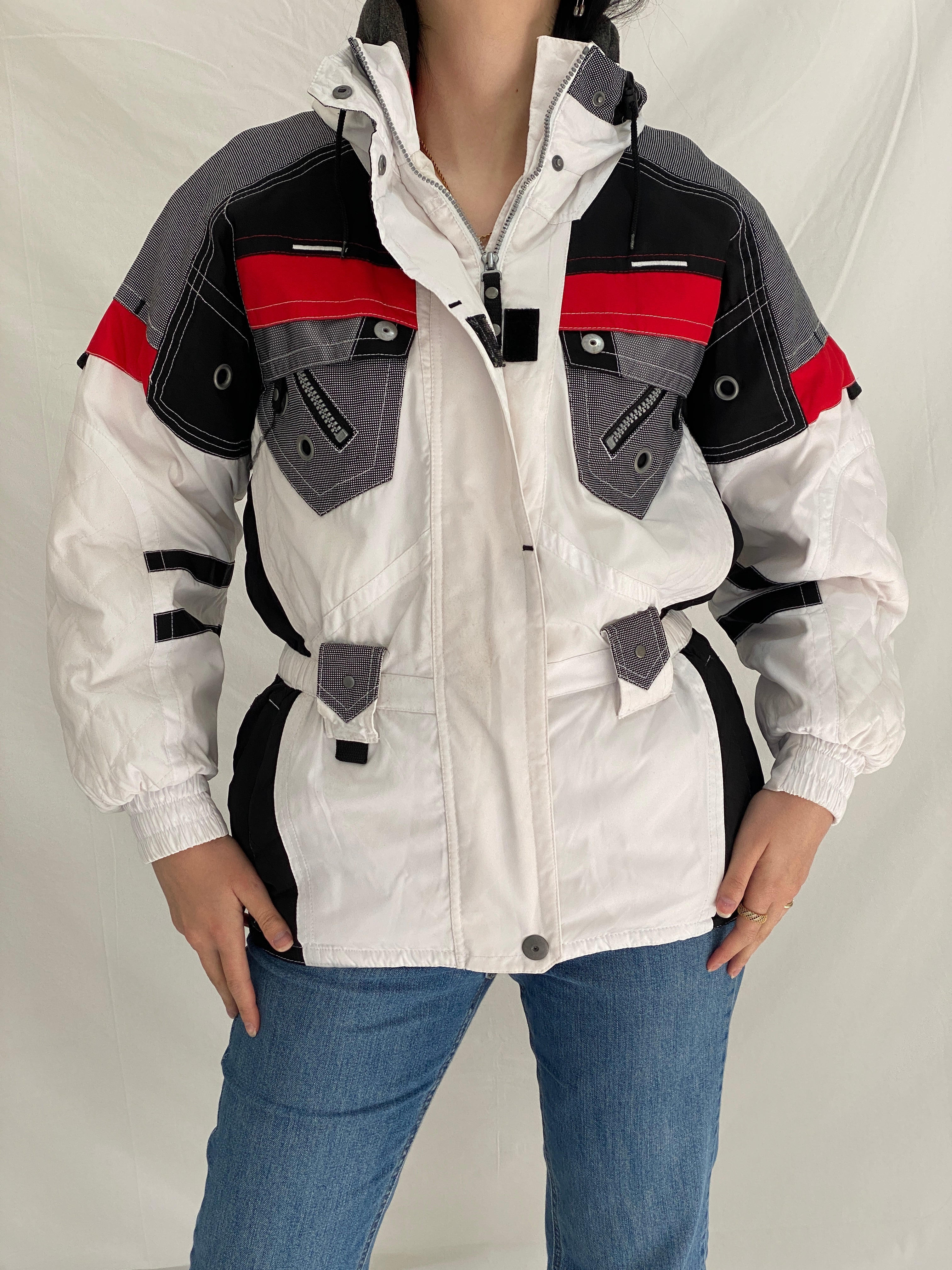 Vintage 90s Rodeo Colorblock Ski Jacket Retro White Black Red Windbreaker - S