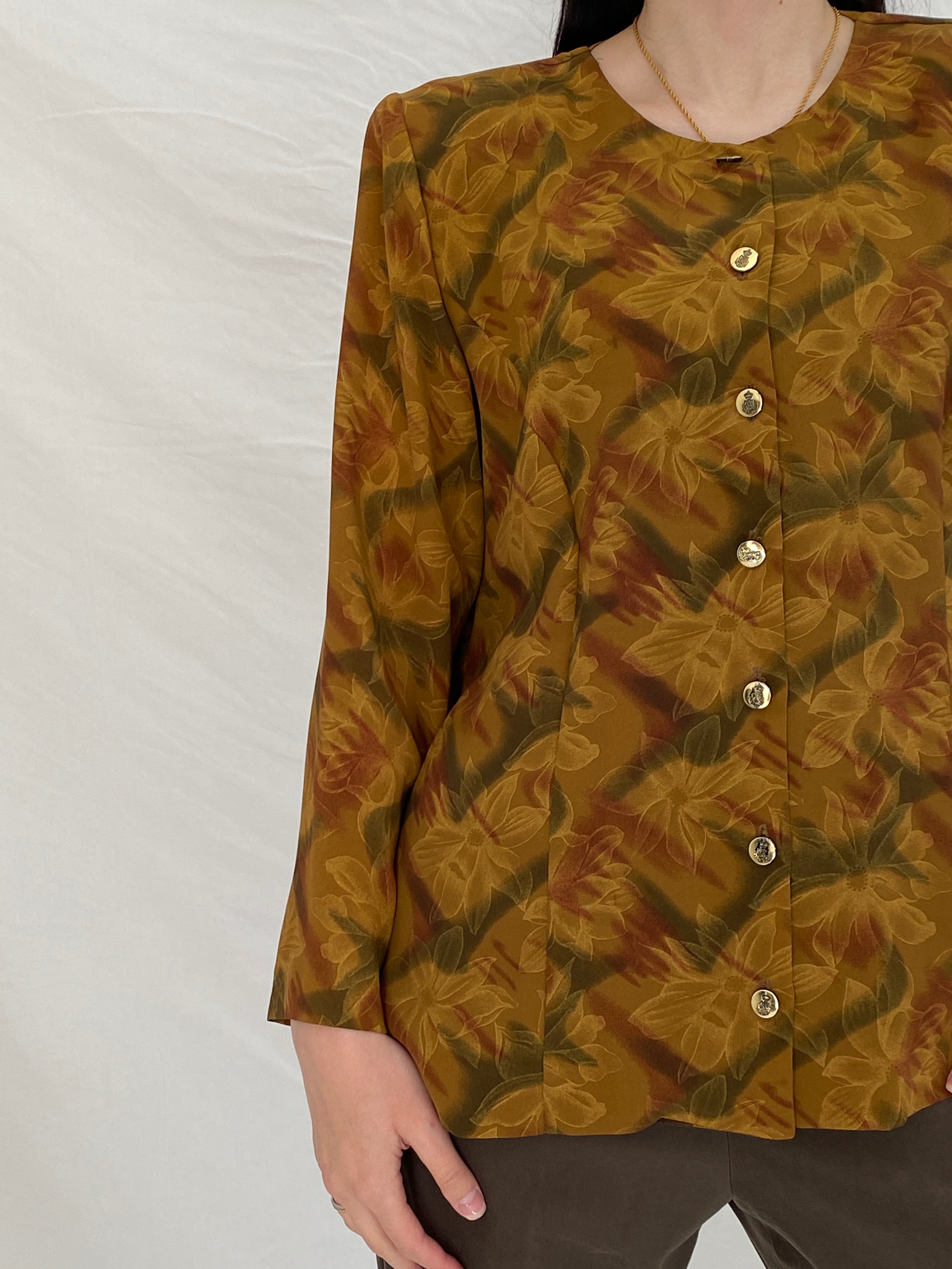 Vintage Handmade Floral Autumn Blouse Brown Mustard Button Front Long Sleeve Shirt - M