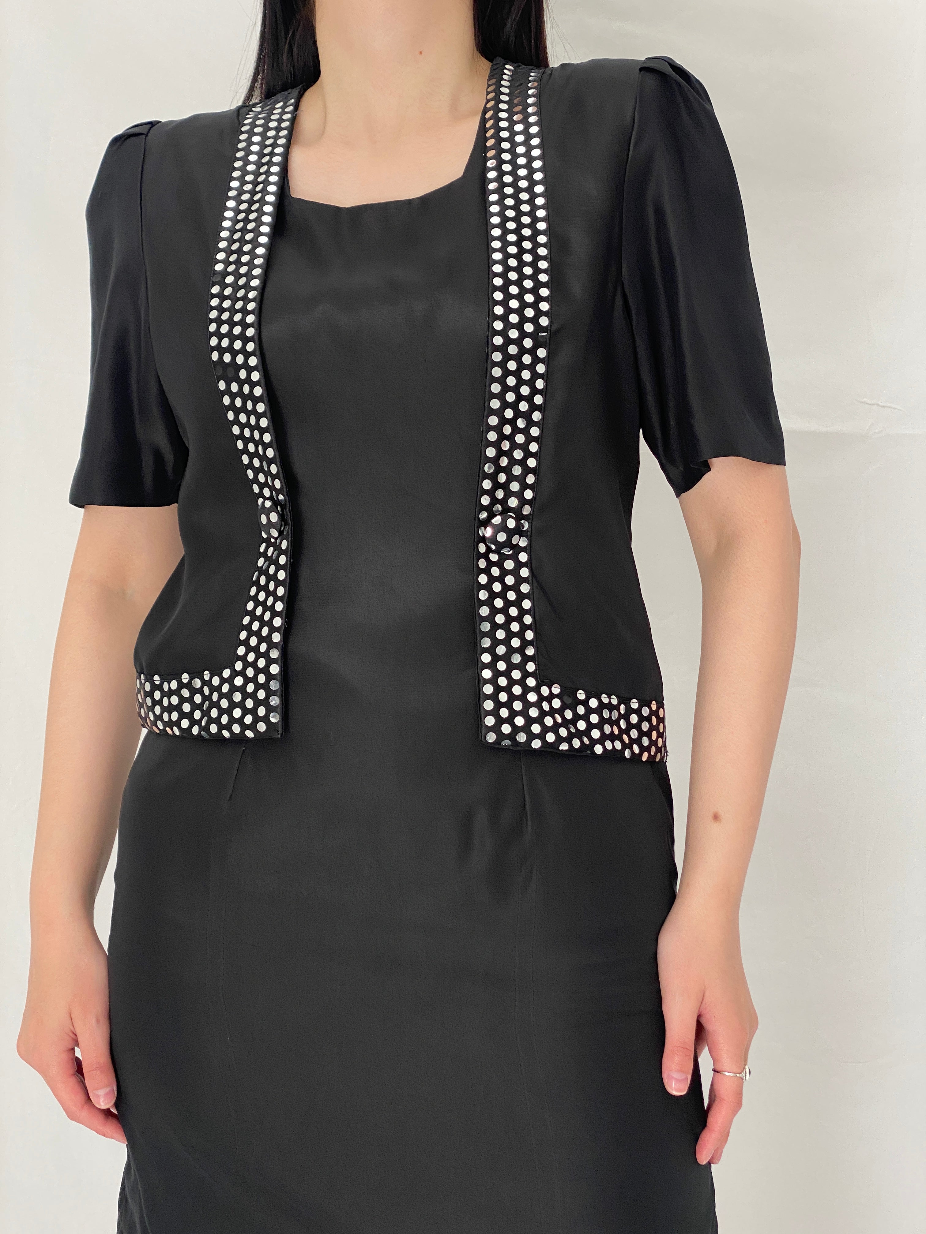 Vintage 90s Black Minimalist Shift Dress with Polka Dot Trim Detail - S
